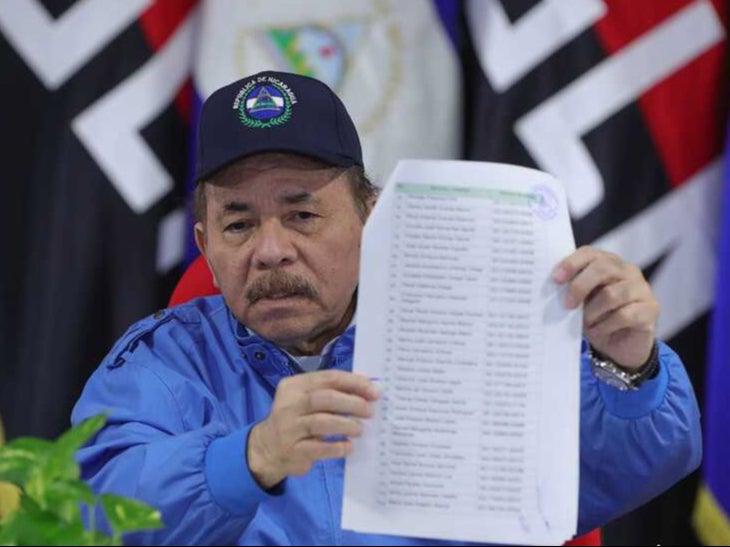 Nicaraguan president Daniel Ortega gives a press conference following the release and transfer of 222 political prisoners to the US