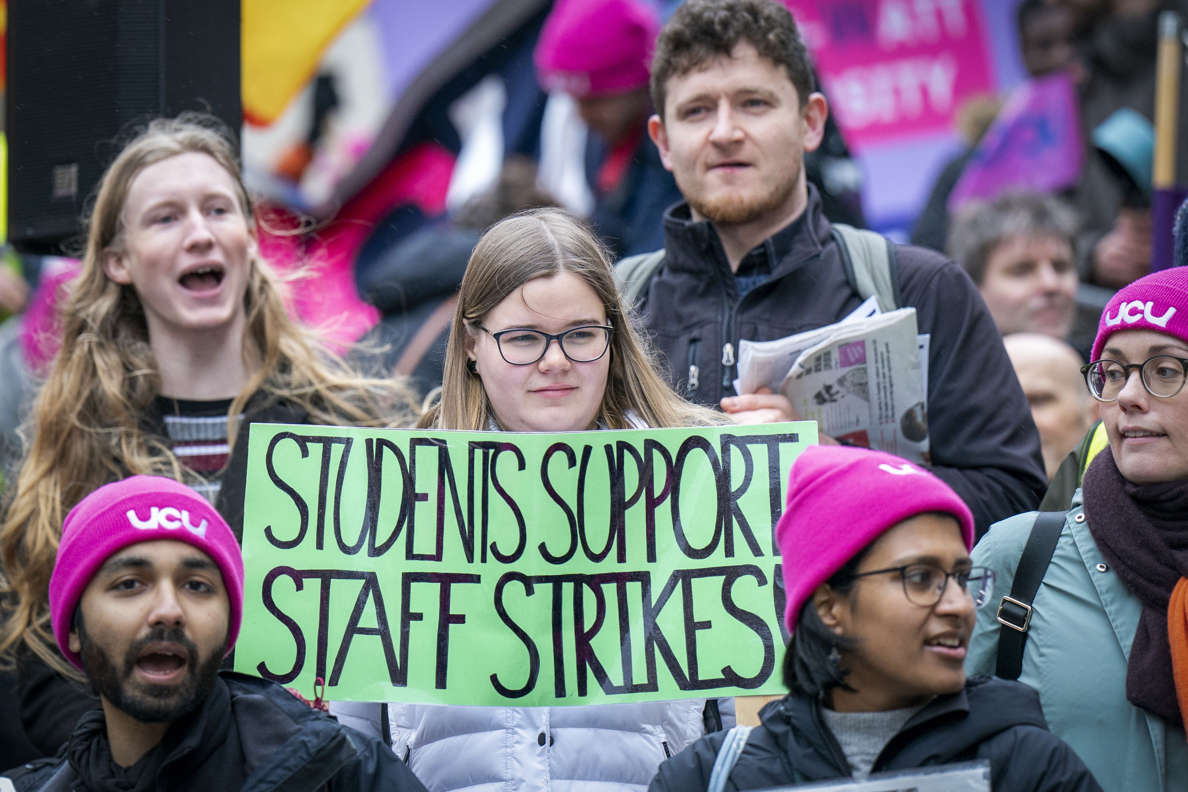 Members and supporters of the University and College Union Scotland during a rally at Buchanan Street in Glasgow (Jane Barlow/PA)