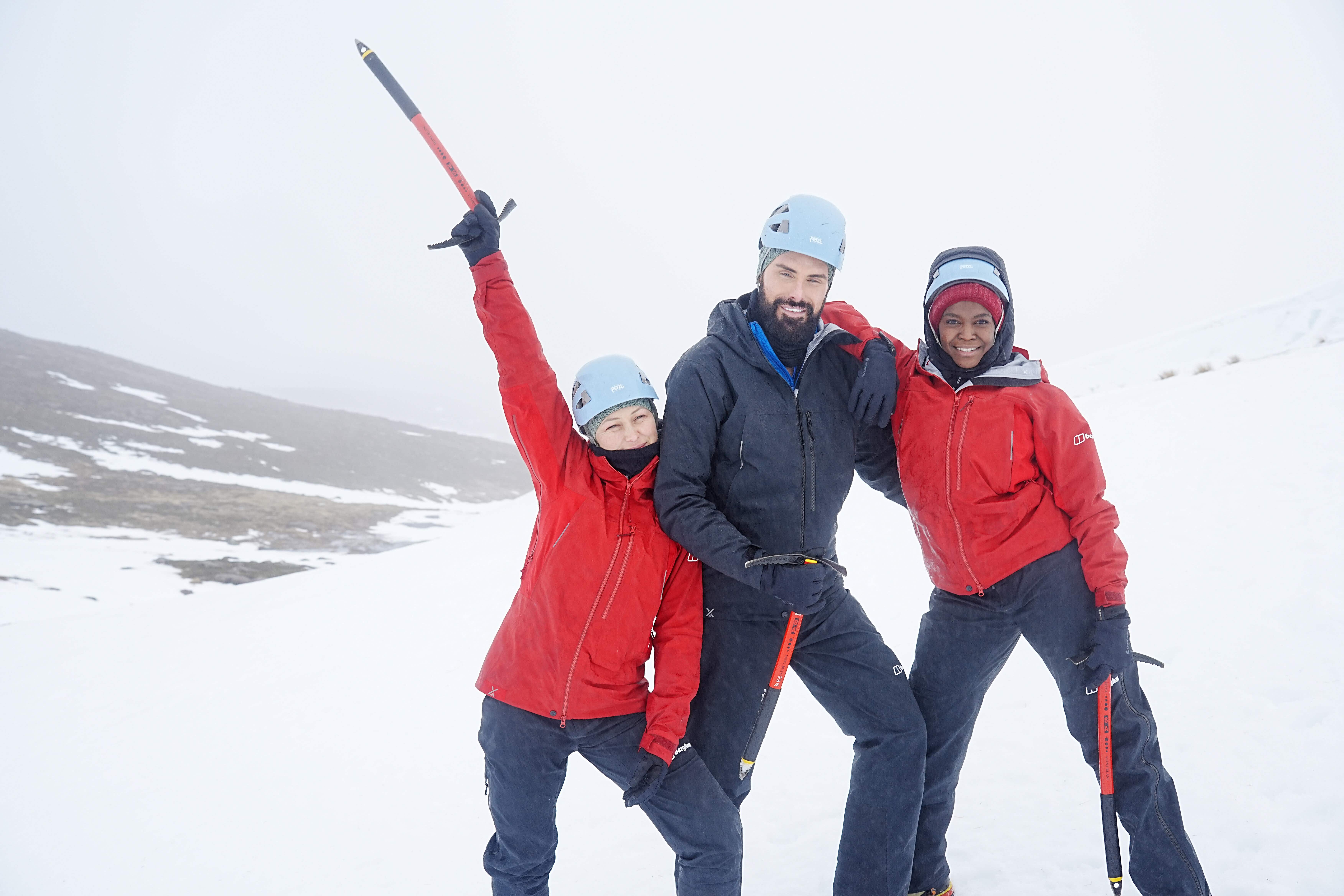 Emma Willis, Oti Mabuse and Rylan Clarke’s take part in the ‘Frozen’ Red Nose Day Challenge (Hamish Frost/Comic Relief/PA))