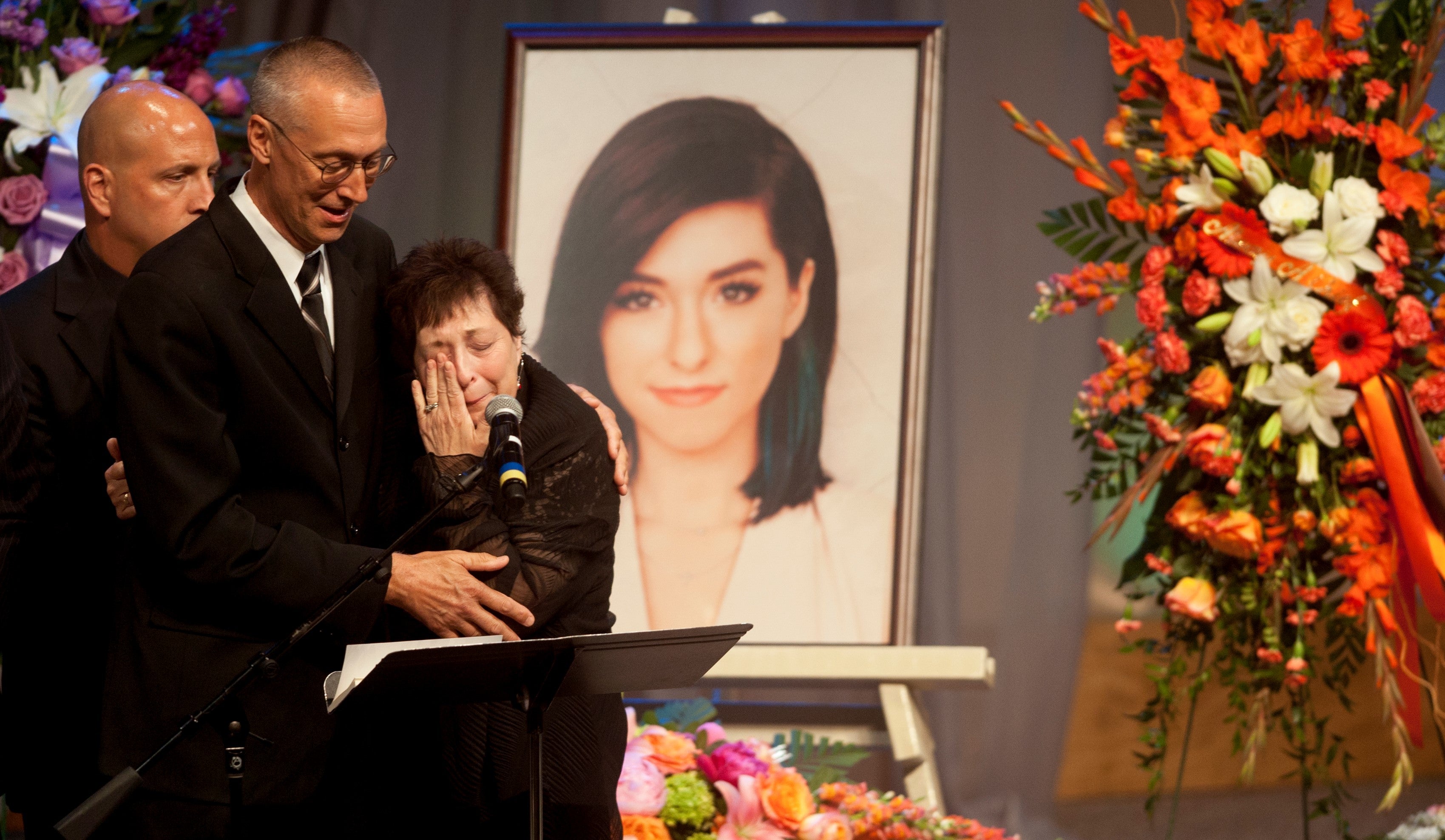 Christina Grimmie’s parents Albert ‘Bud’ Grimmie and Tina Grimmie speak at her memorial service on 17 June 2016 in Medford, New Jersey