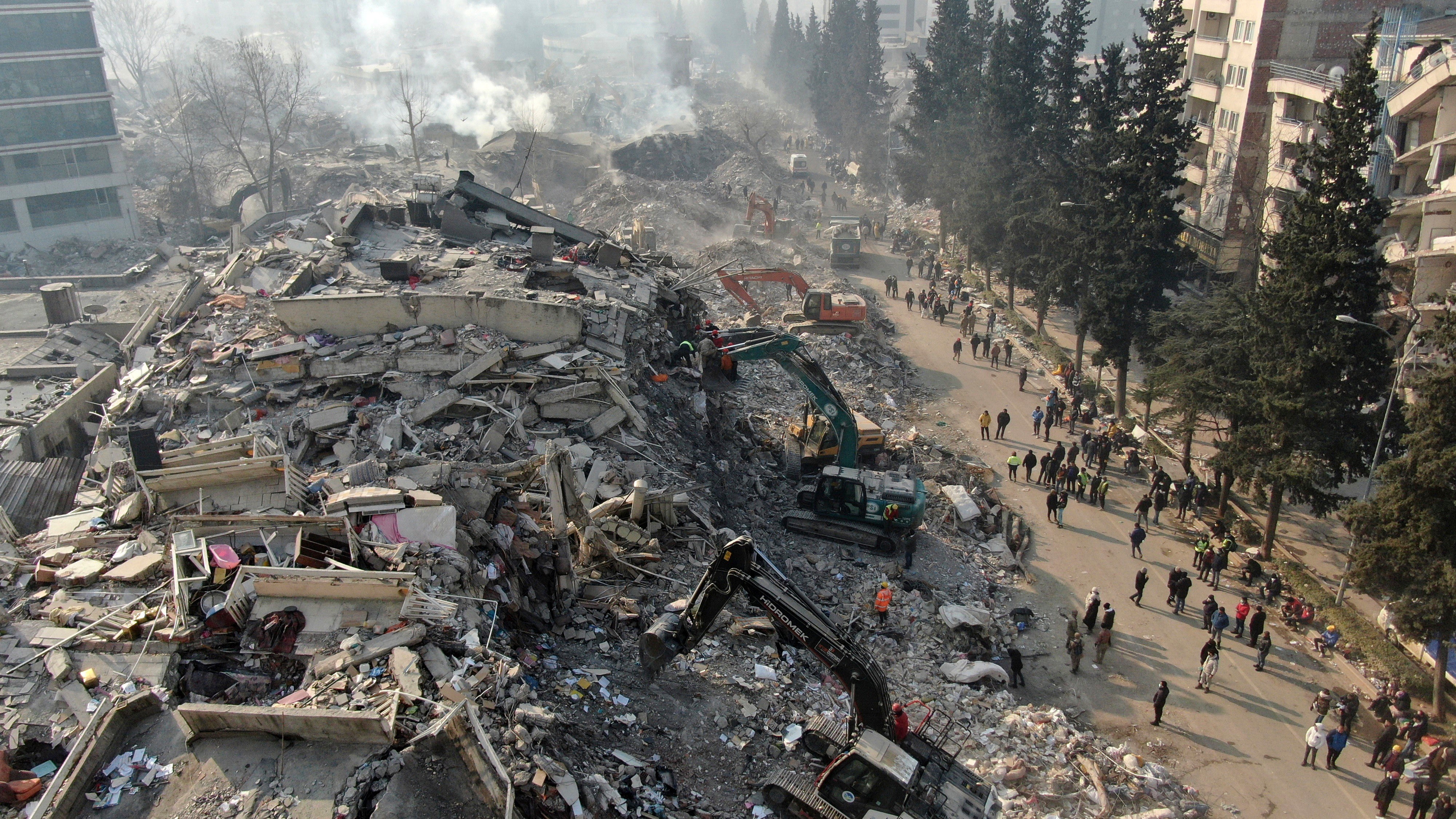 Aerial photo showing collapsed buildings in Kahramanmaras, southern Turkey