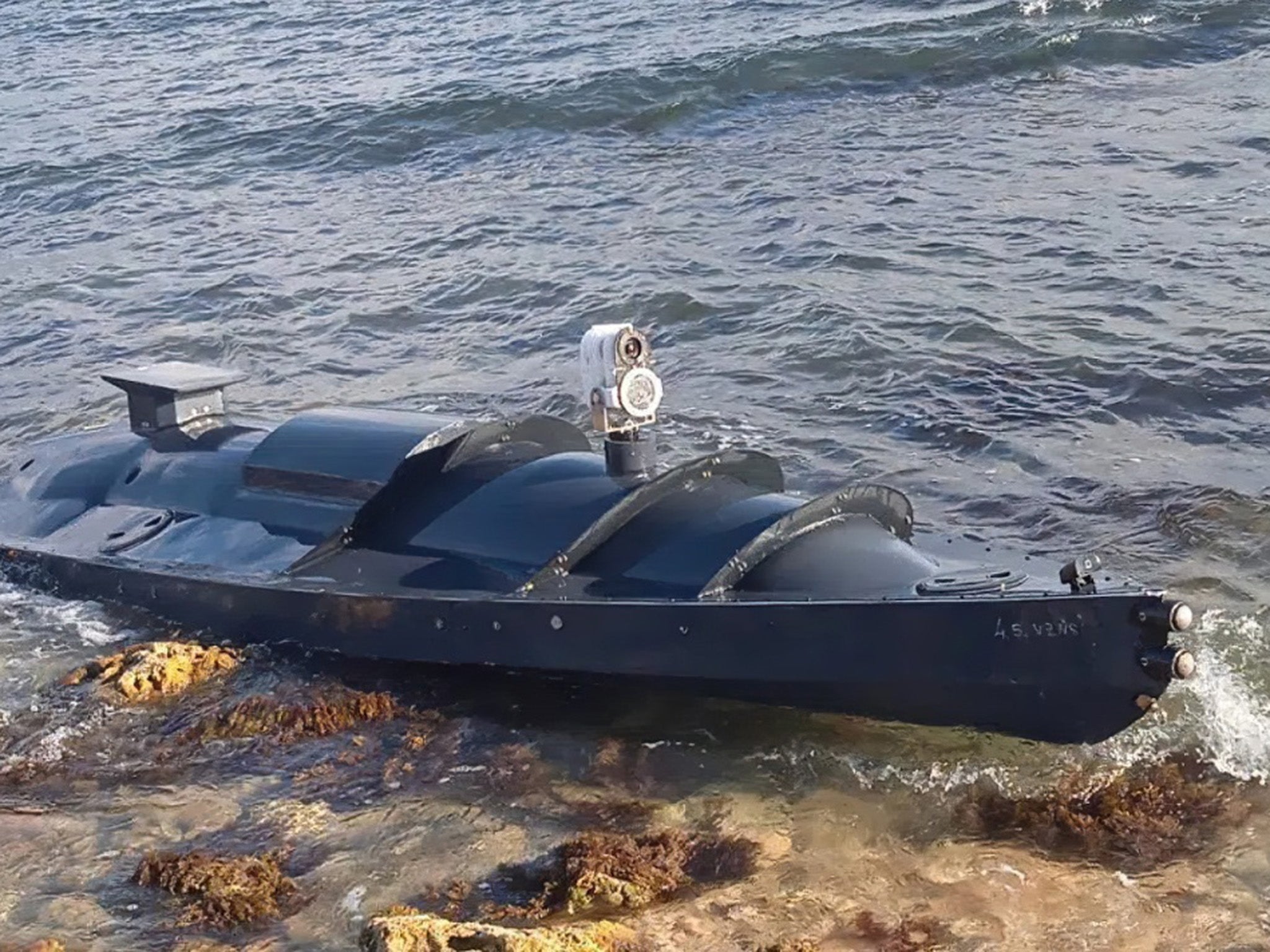 Image shared by Russian military bloggers reportedly shows a Ukrainian naval drone found off Crimea in September