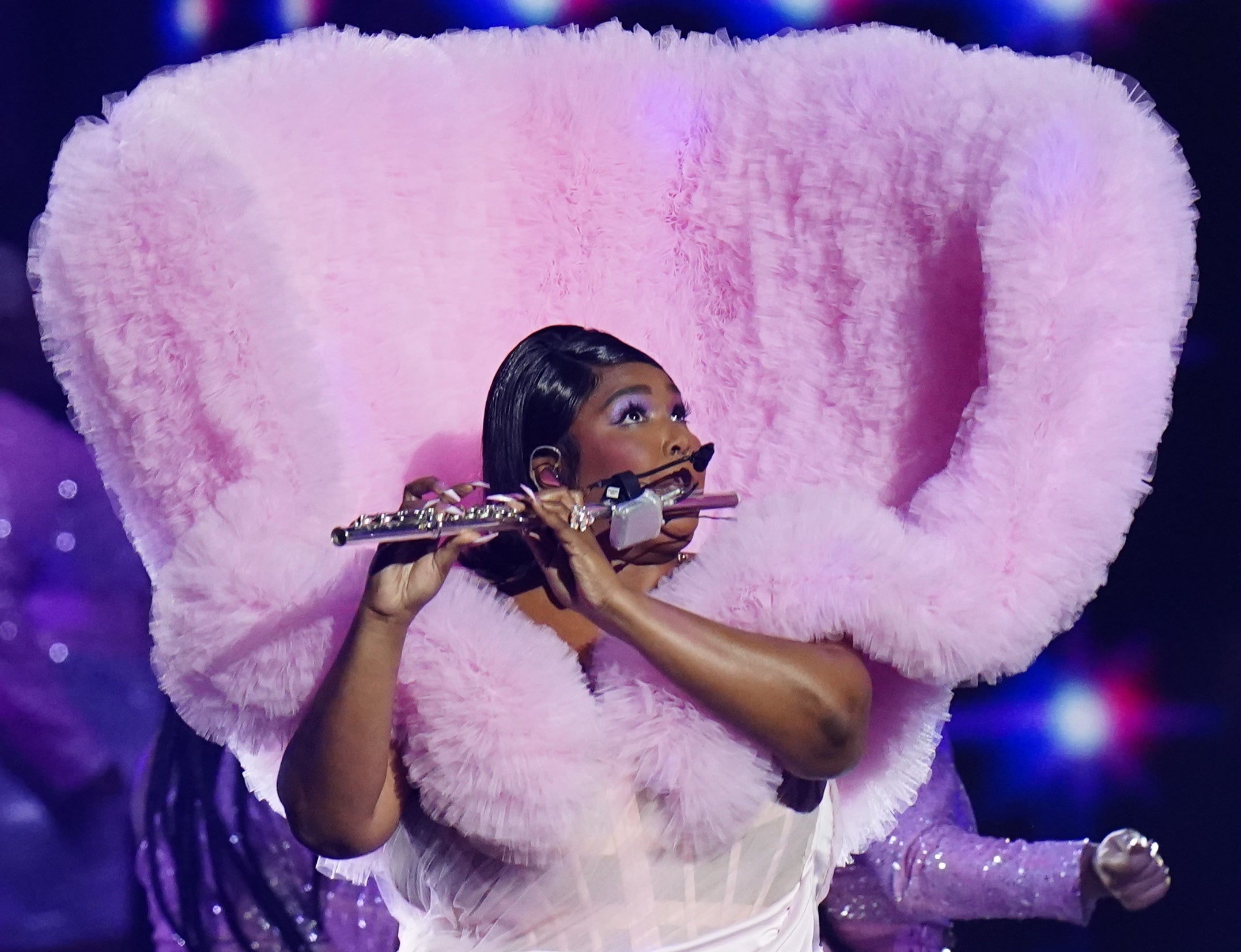 Lizzo performing at the 2023 Brit Awards