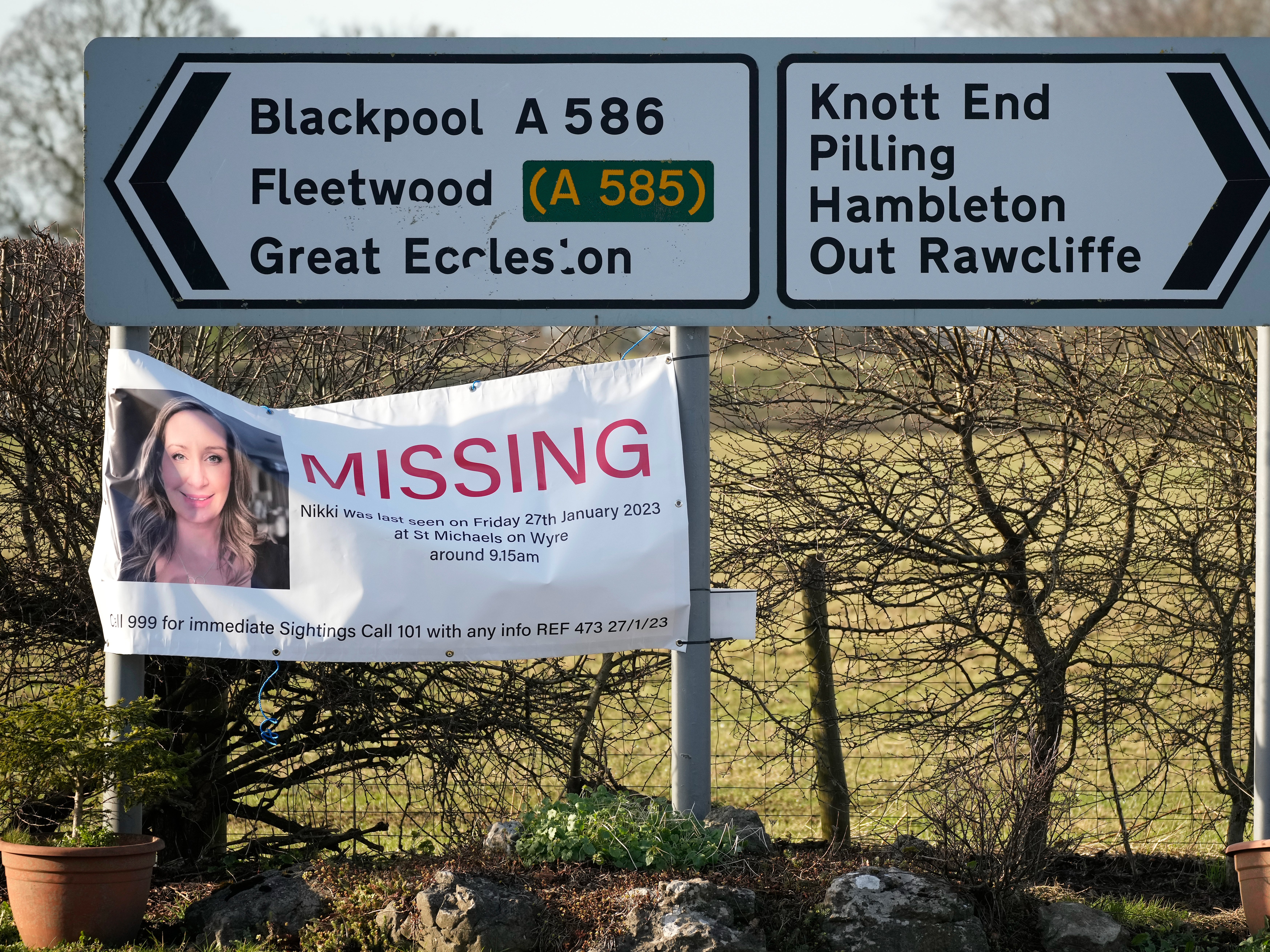 A poster seeking information in the search for missing woman Nicola Bulley in the village of St Michael's on Wyre on February 6, 2023