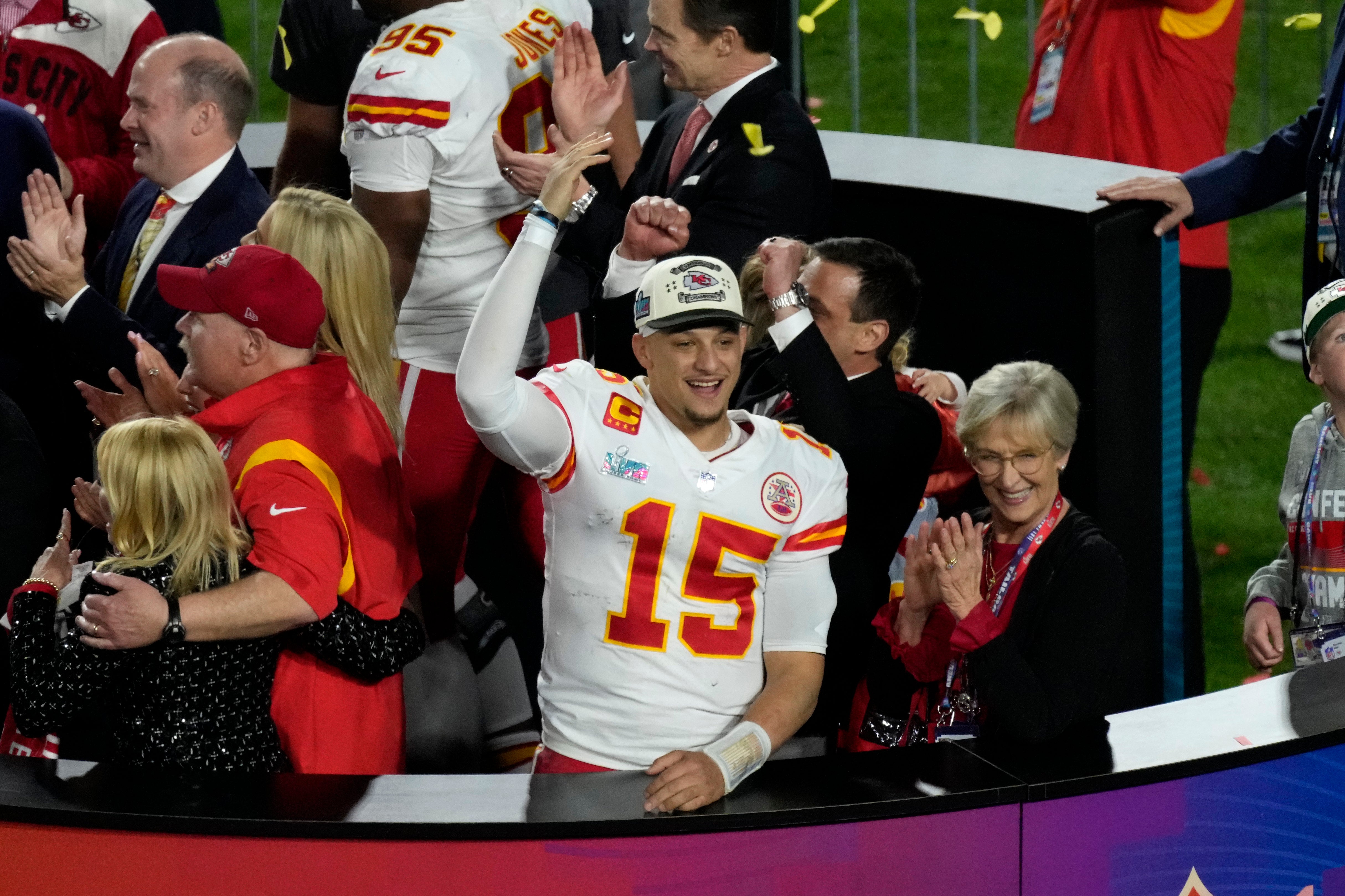 Kansas City Chiefs quarterback Patrick Mahomes (15) celebrates