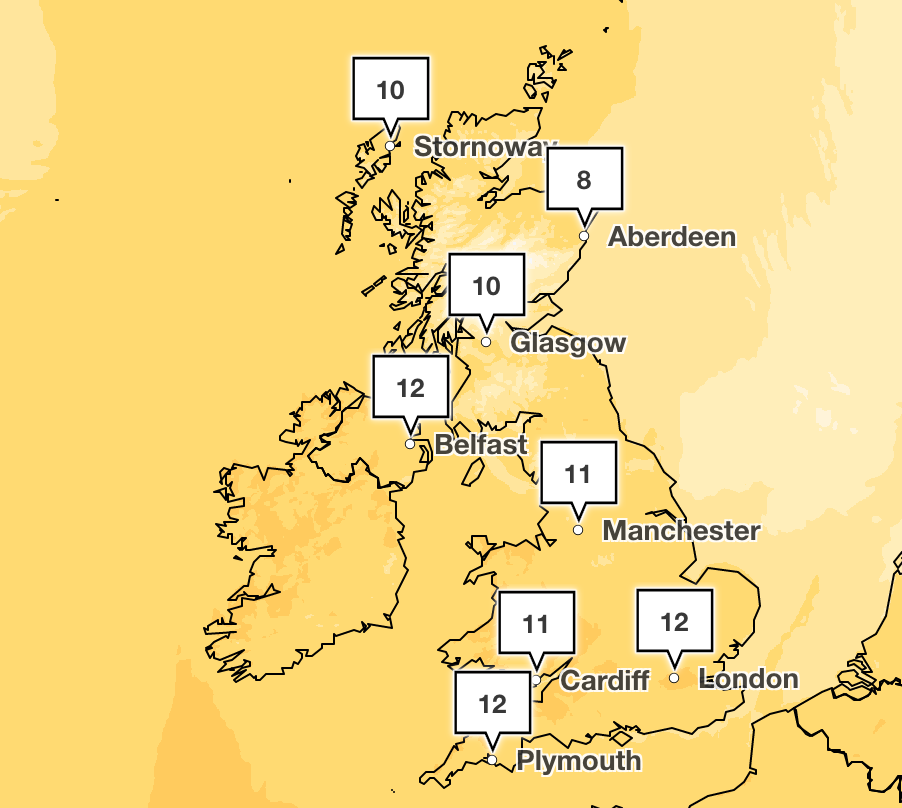 Tuesday afternoon will see double-digit temperatures across the country, with potential highs of 14C