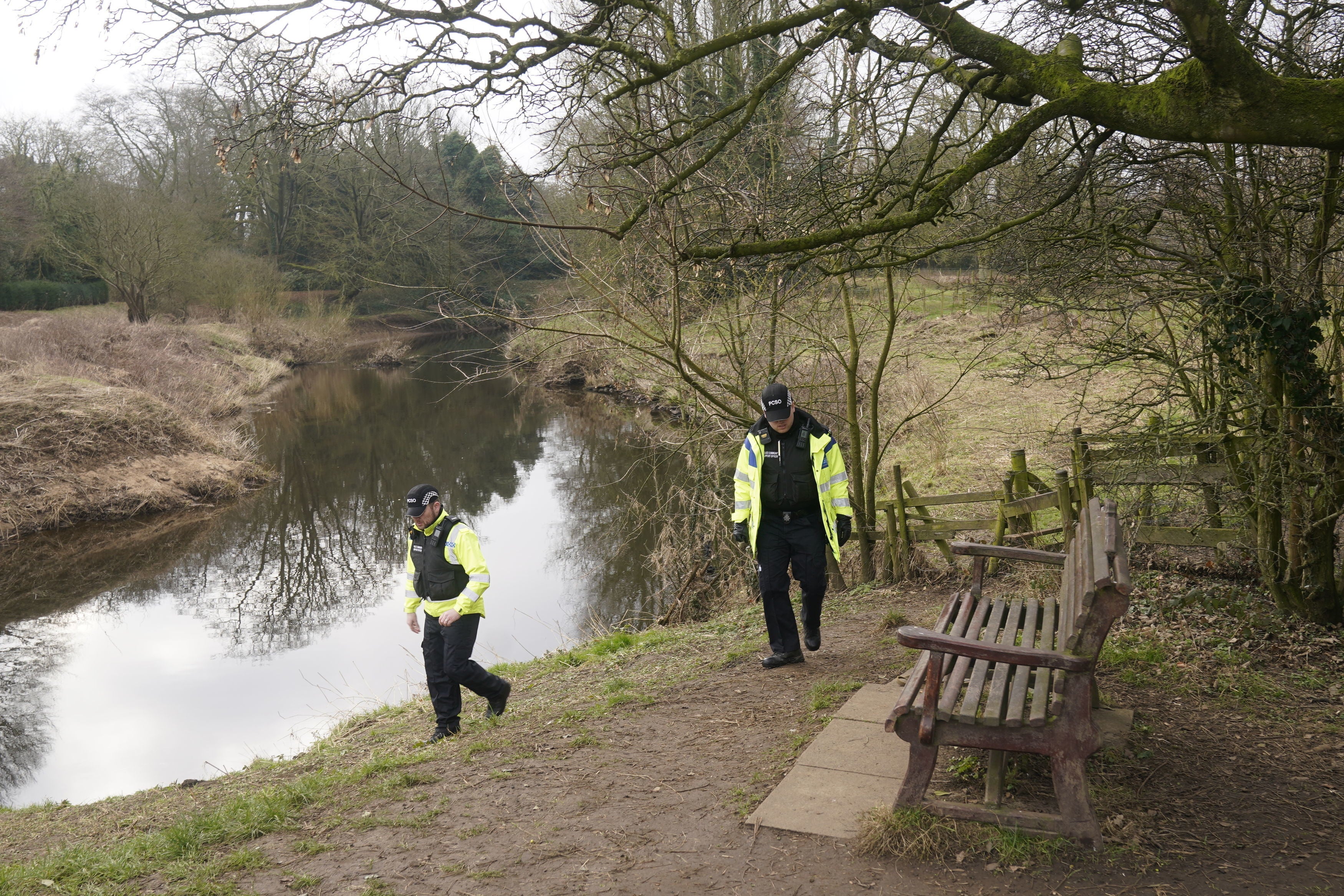 Police activity near the bench by the River Wyre by the bench where Bulley’s phone was found