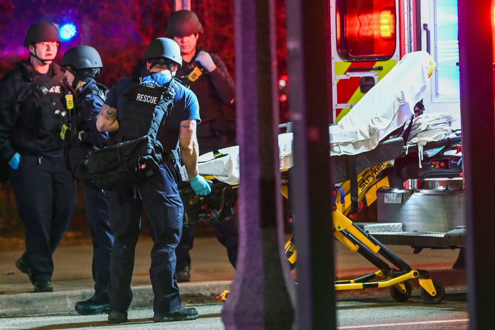 A stretcher is unloaded from an ambulance outside the Michigan State University Union following shootings on campus on Monday, 13 February 2023