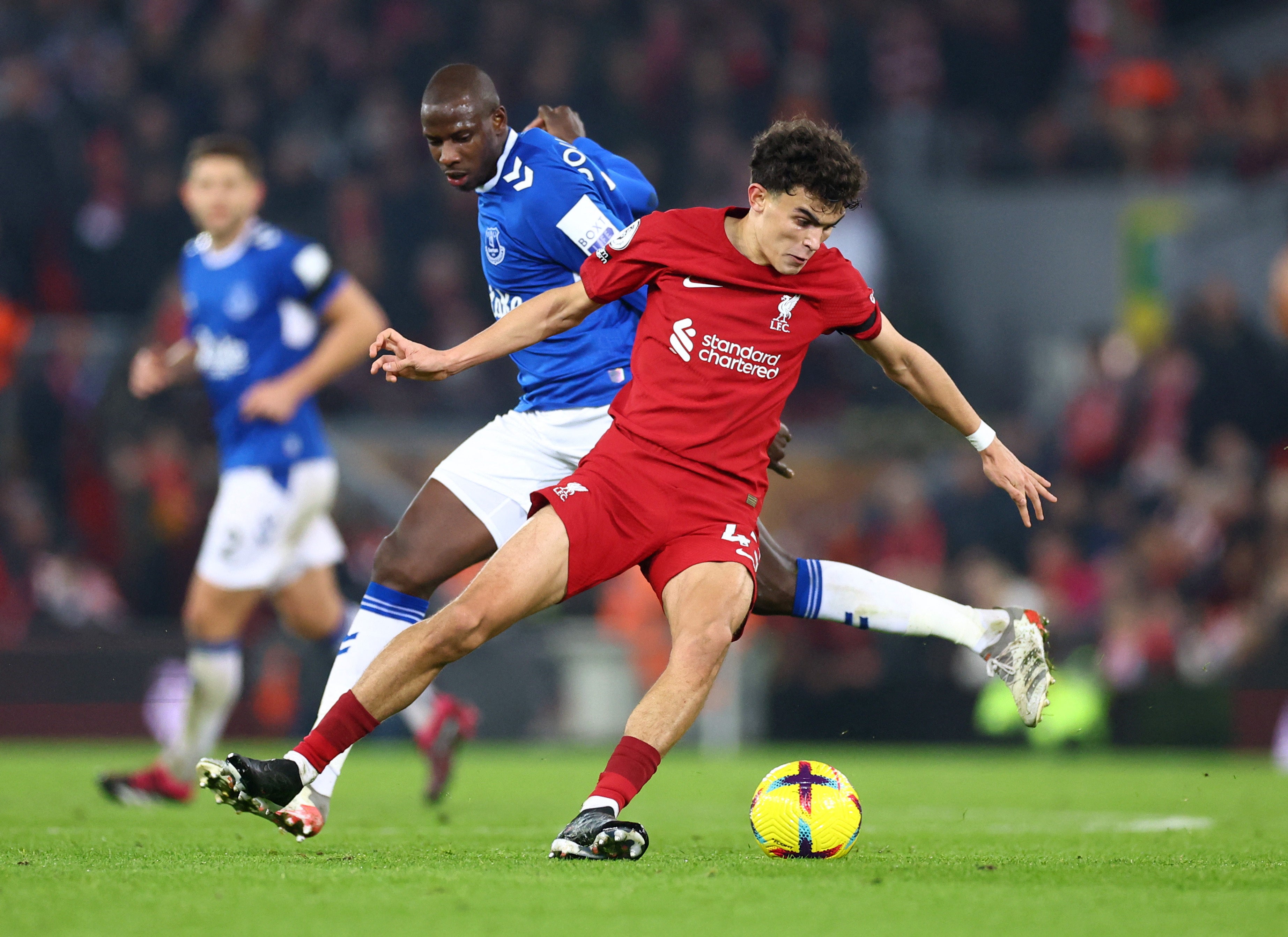 Stefan Bajcetic spins on the ball during the Merseyside derby