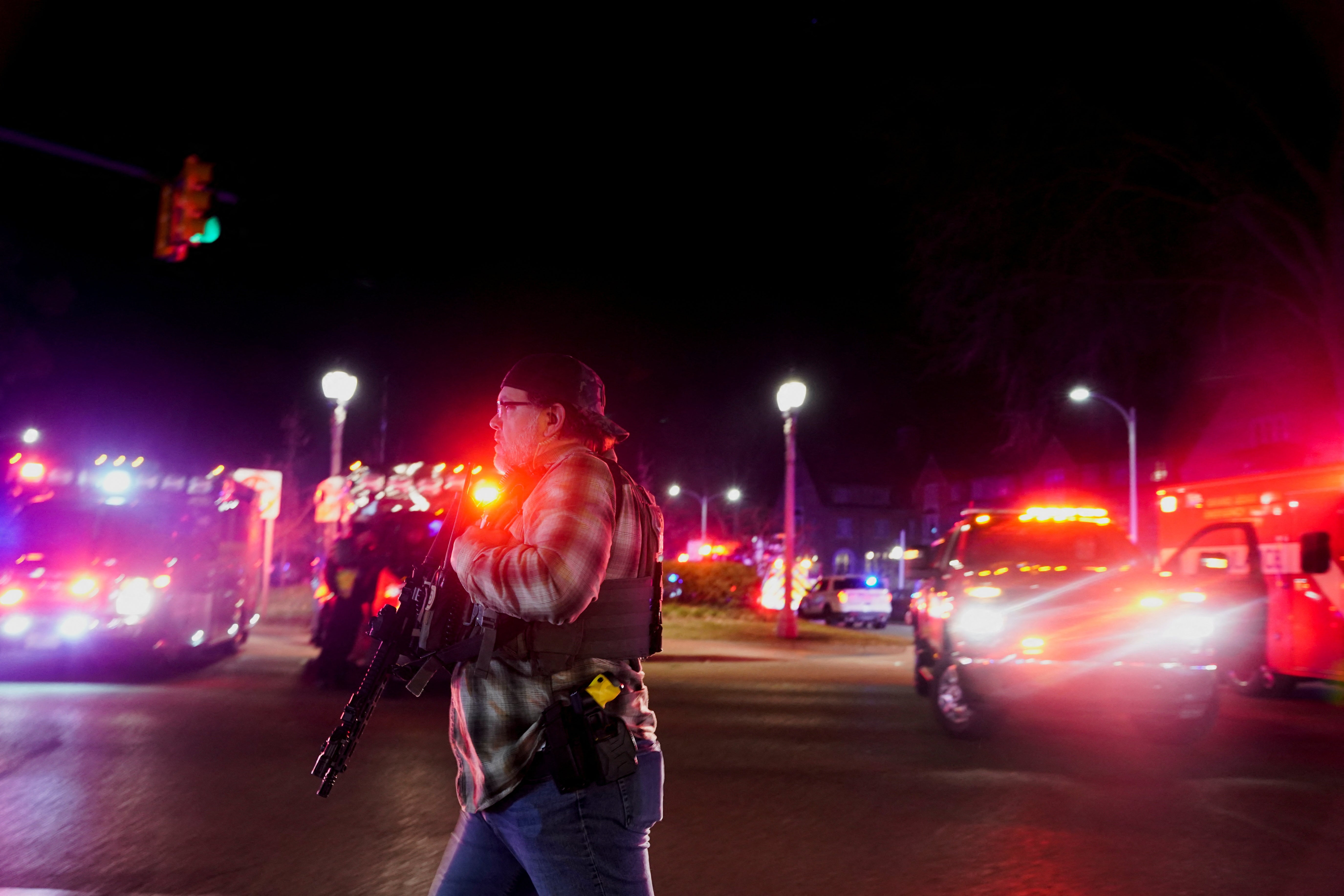 Emergency personnel respond to a shooting at Michigan State University in East Lansing, Michigan, 13 February 2023