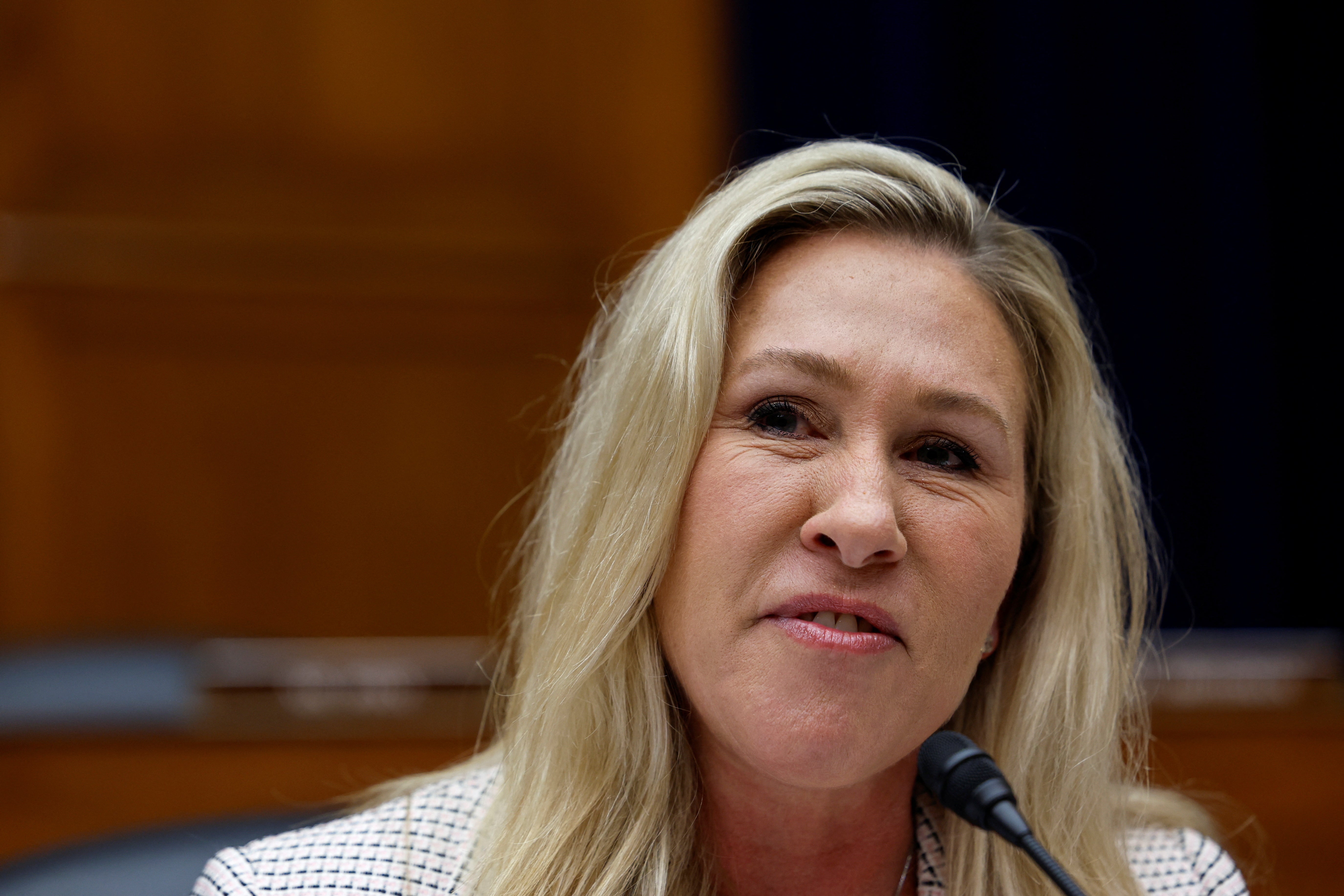 U.S. House Oversight and Accountability Committee member Marjorie Taylor Greene (R-GA) questions witnesses during the committee's hearing about Twitter's handling of a 2020 New York Post story about Hunter Biden and his laptop, in Washington, U.S. February 8, 2023. Reuters/Evelyn Hockstein