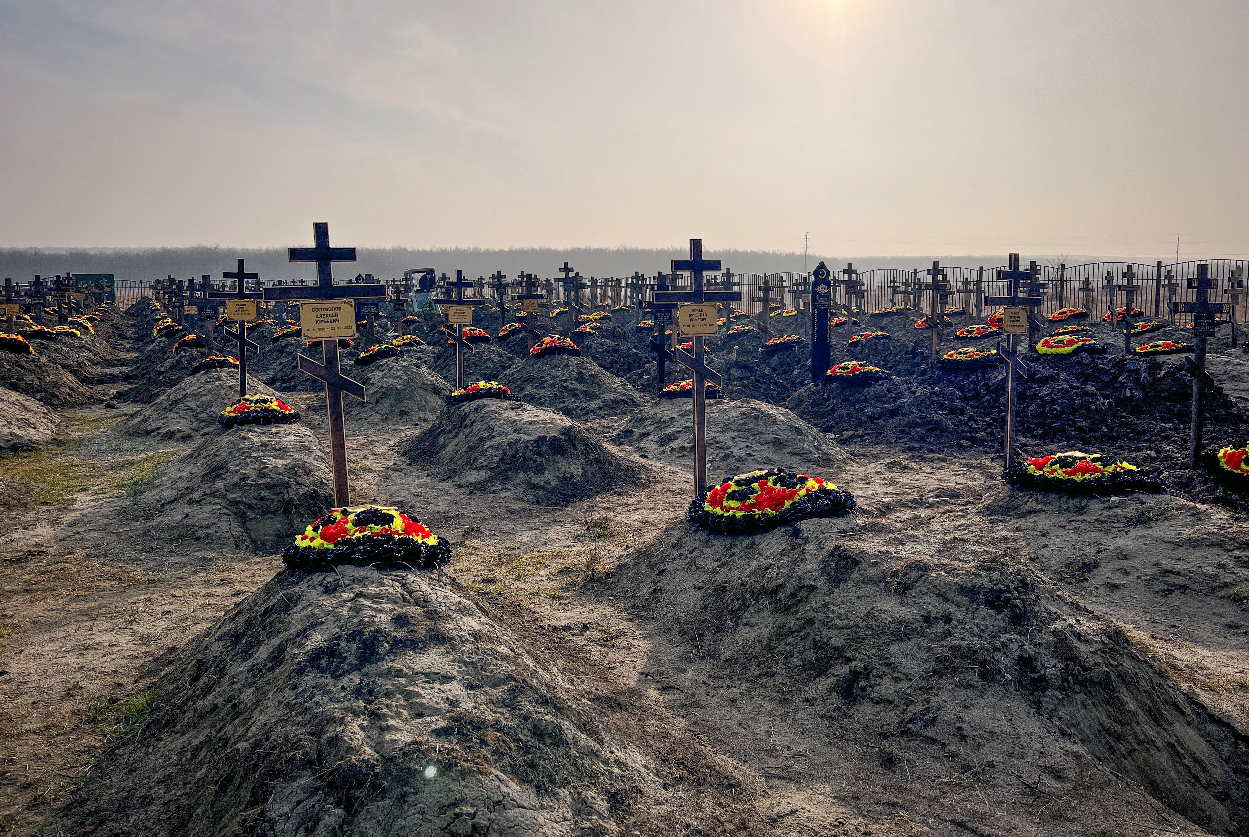 Graves of Wagner fighters in a cemetery near the village of Bakinskaya