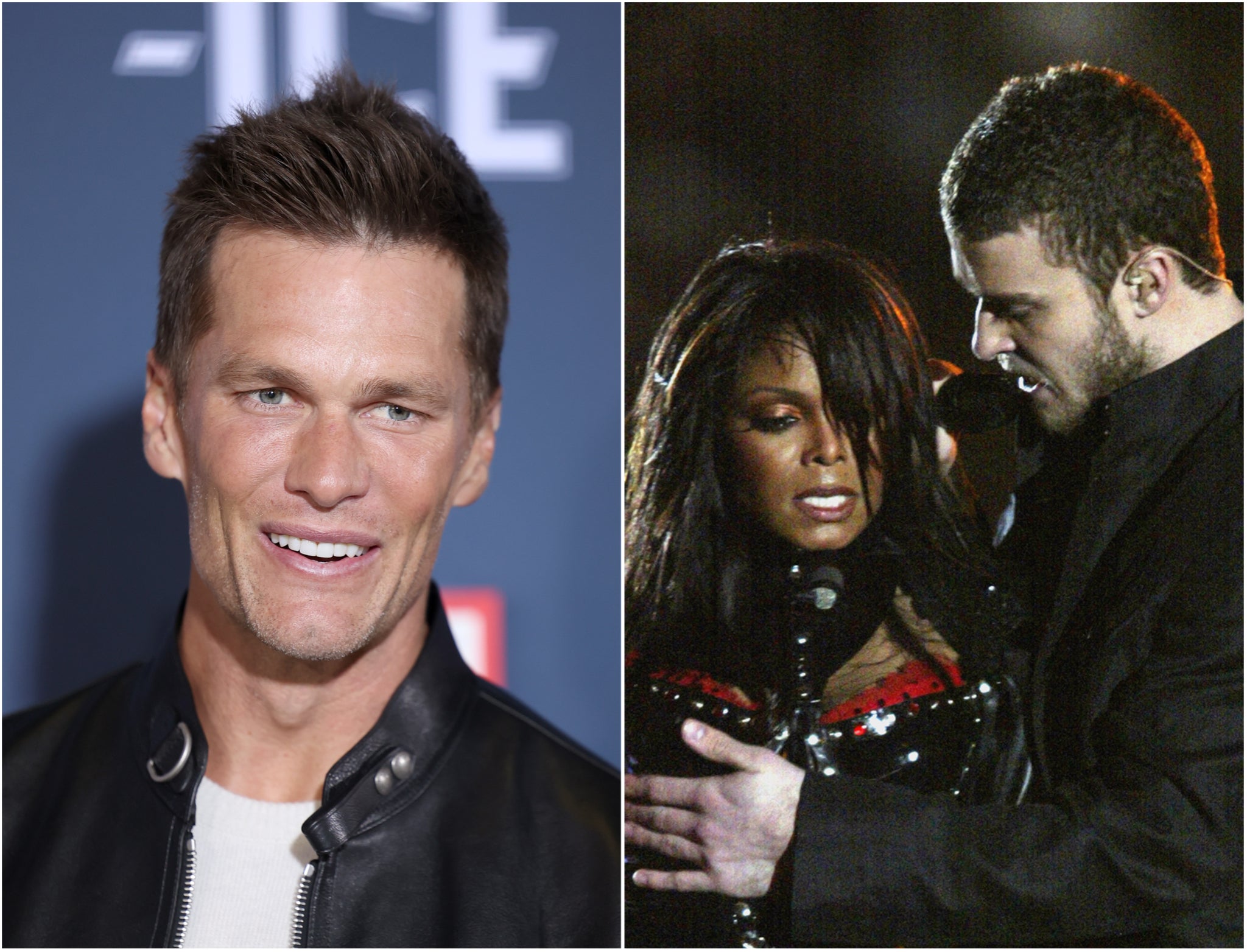 Tom Brady (left) and Janet Jackson and Justin Timberlake performing at the 2004 Super Bowl (right)