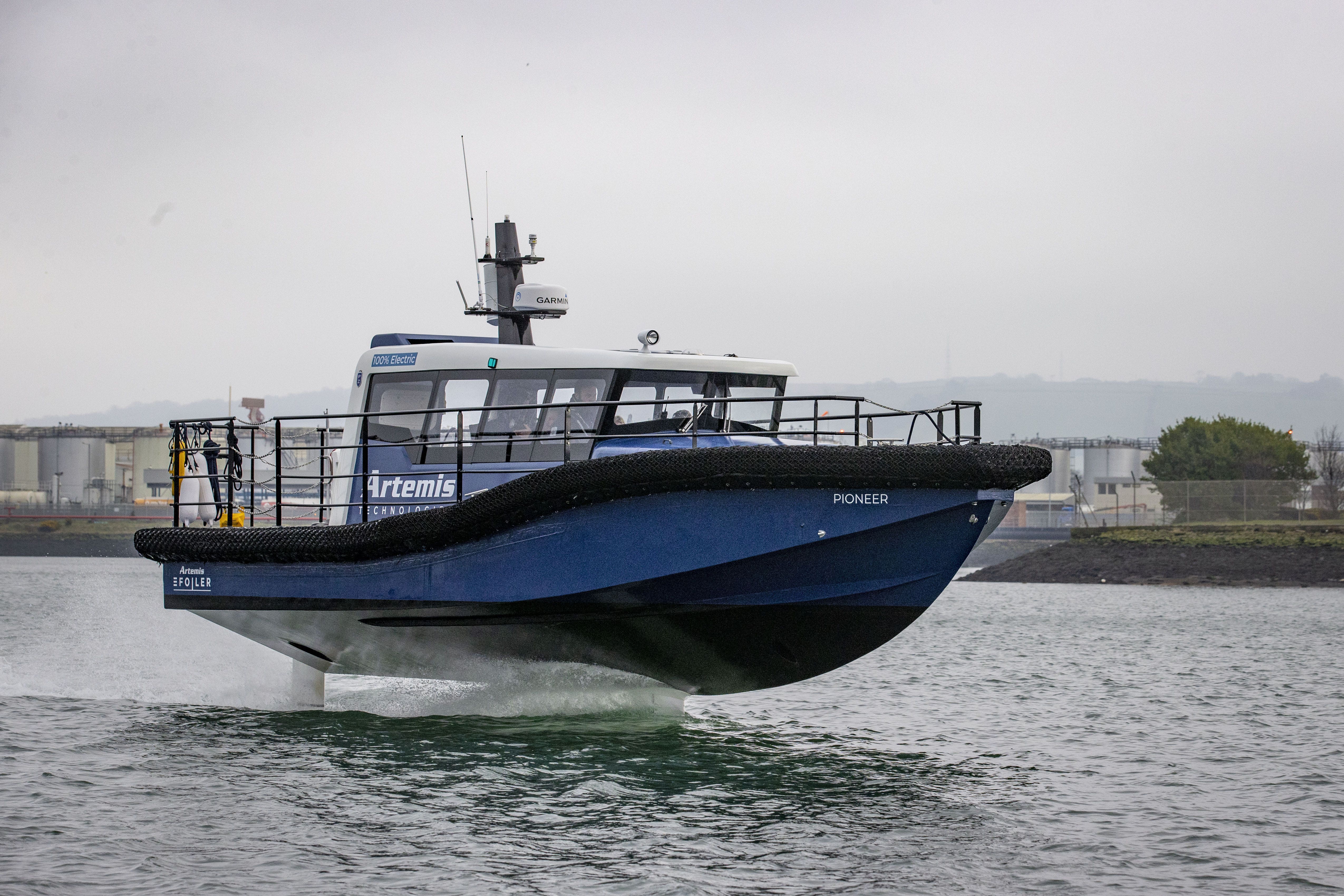 Artemis Technologies’ electric foiling demonstrator workboat, Pioneer of Belfast, at the Belfast Docks (Liam McBurney/PA)