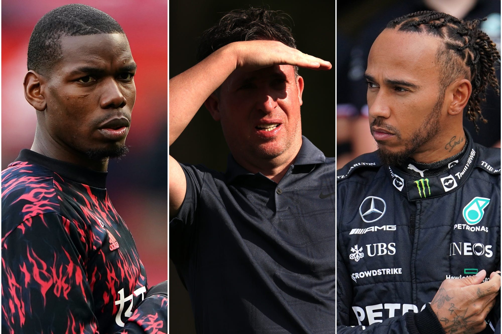 Paul Pogba (left), Robbie Fowler (centre) and Lewis Hamilton (Zac Goodwin/Steven Paston/David Davies/PA)