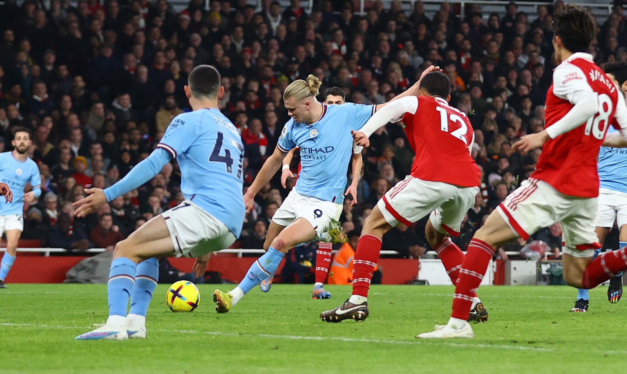 Erling Haaland shoots to score City’s third goal