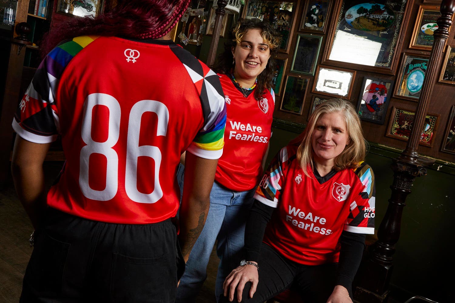 Megan Kapadia, centre, with other members of Hackney Women’s Football Club (WeAreFearless/@DannyCheetham/The Queen Adelaide/PA)