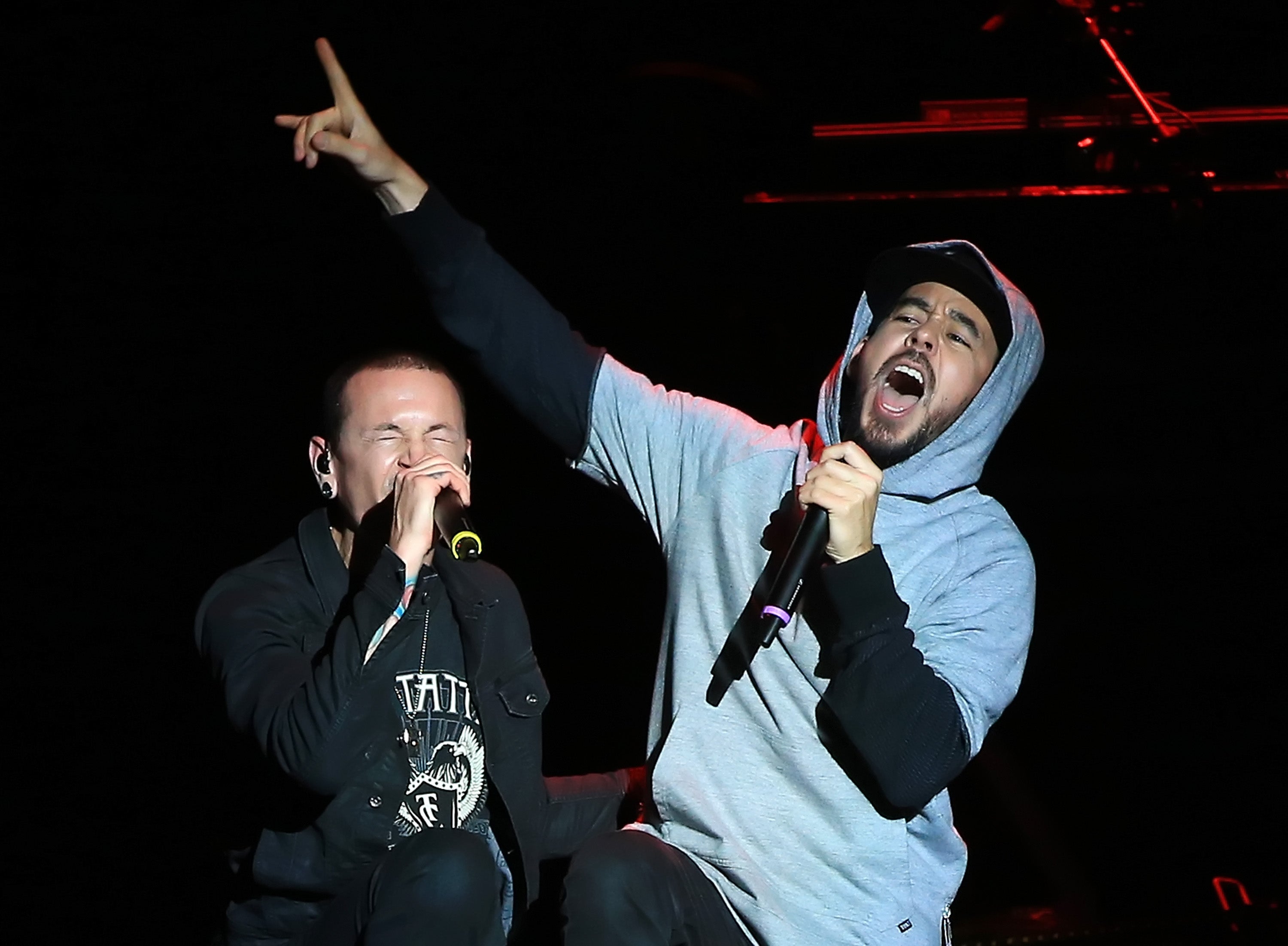 Chester Bennington and Mike Shinoda of Linkin Park perform onstage in 2015