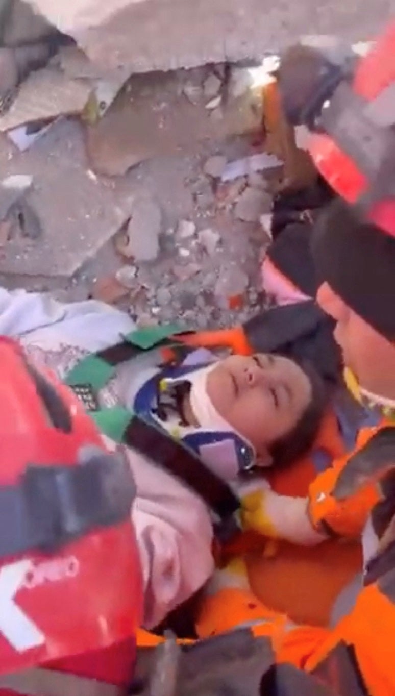 A still image taken from social media video of the Aleyna Olmez’s rescue