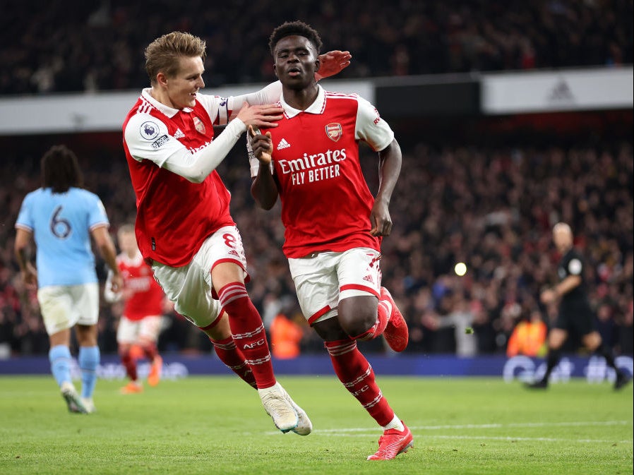 Bukayo Saka celebrates after scoring for Arsenal against Manchester City on Wednesday