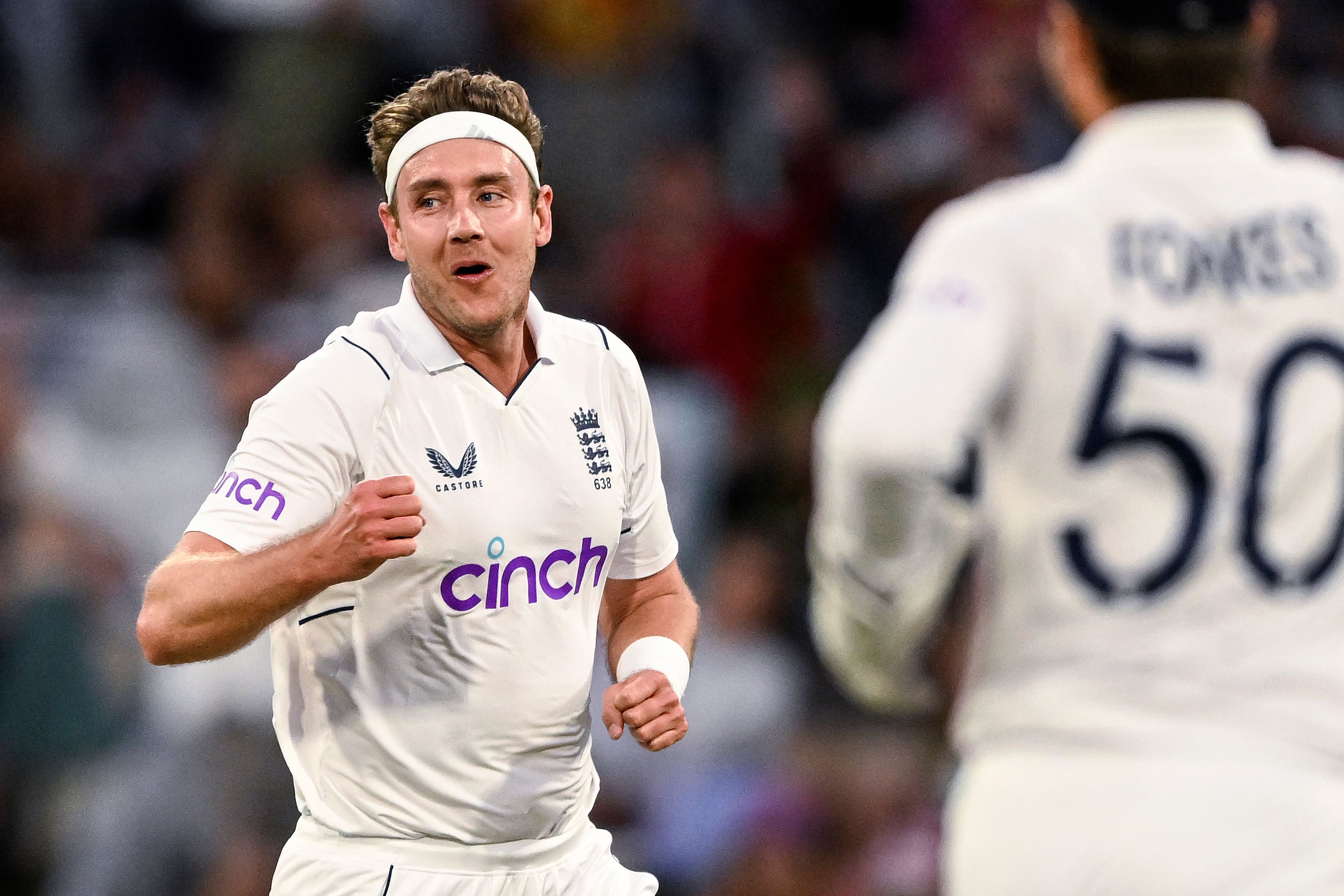 Stuart Broad celebrates taking the wicket of New Zealand’s Kane Williamson (Andrew Cornaga/Photosport via AP)