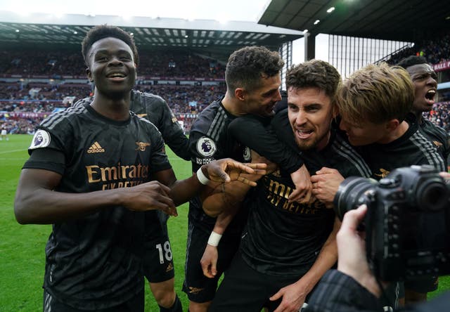 <p>Jorginho celebrates after his shot rebounded off Villa keeper Emiliano Martinez to put Arsenal in the lead</p>