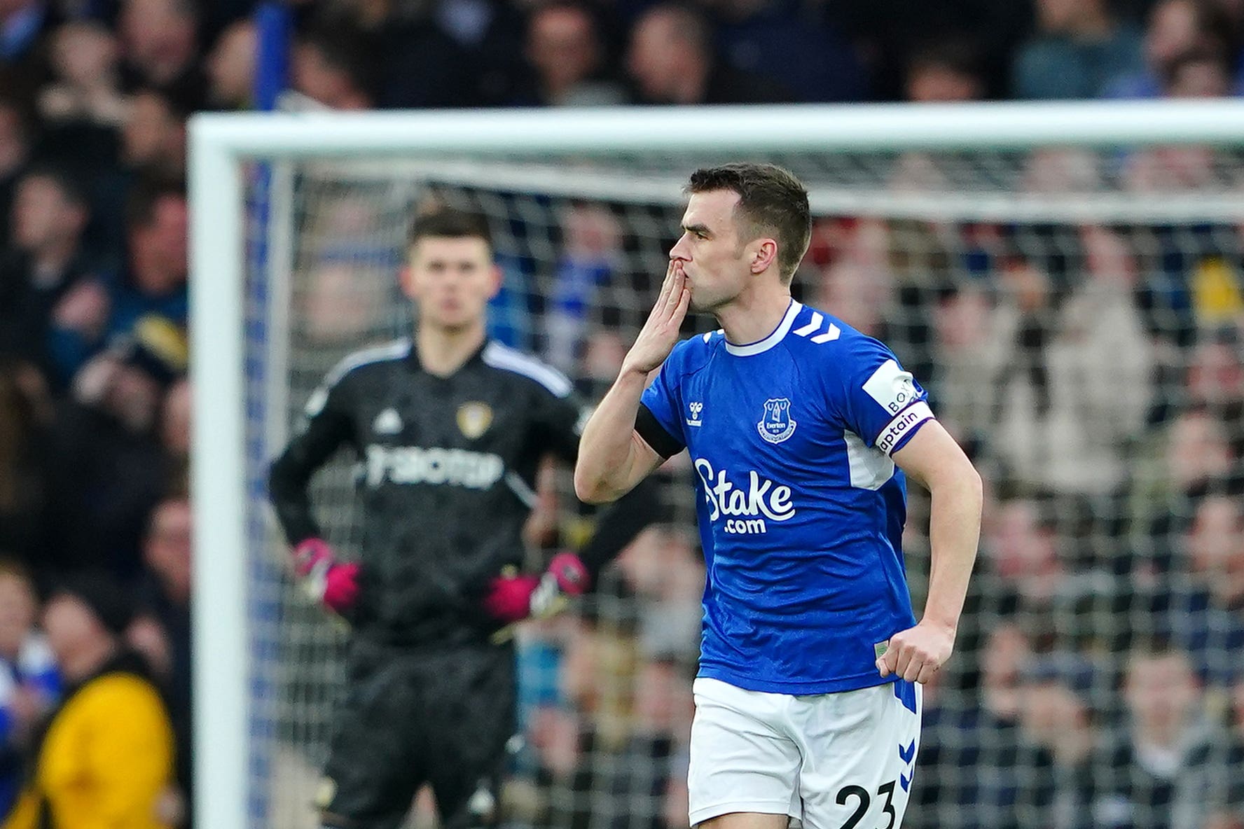 Everton’s Seamus Coleman celebrates scoring (Peter Byrne/PA)