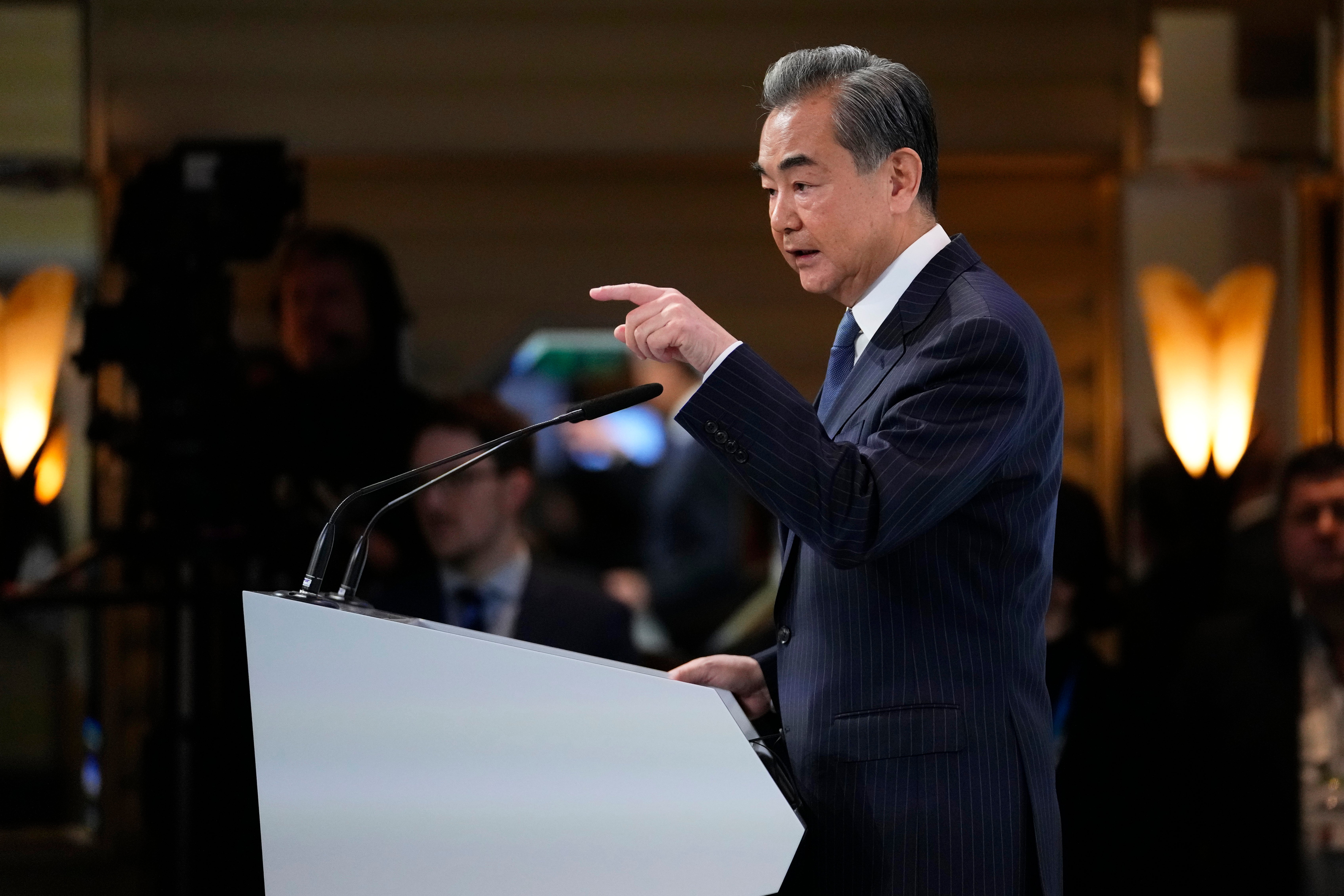 China’s director of the Office of the Central Foreign Affairs Commission Wang Yi speaks at the Munich Security Conference