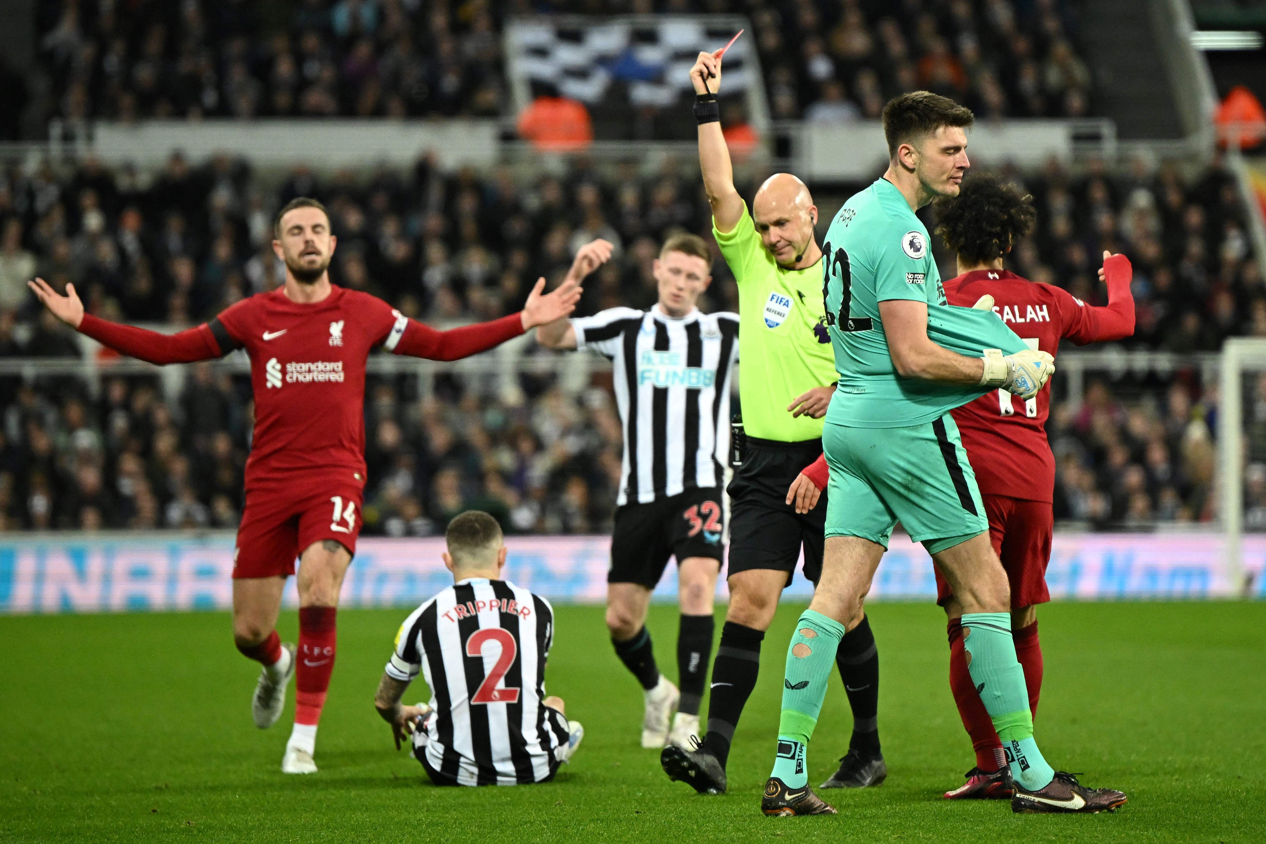 Nick Pope is sent off after handling the ball outside the box