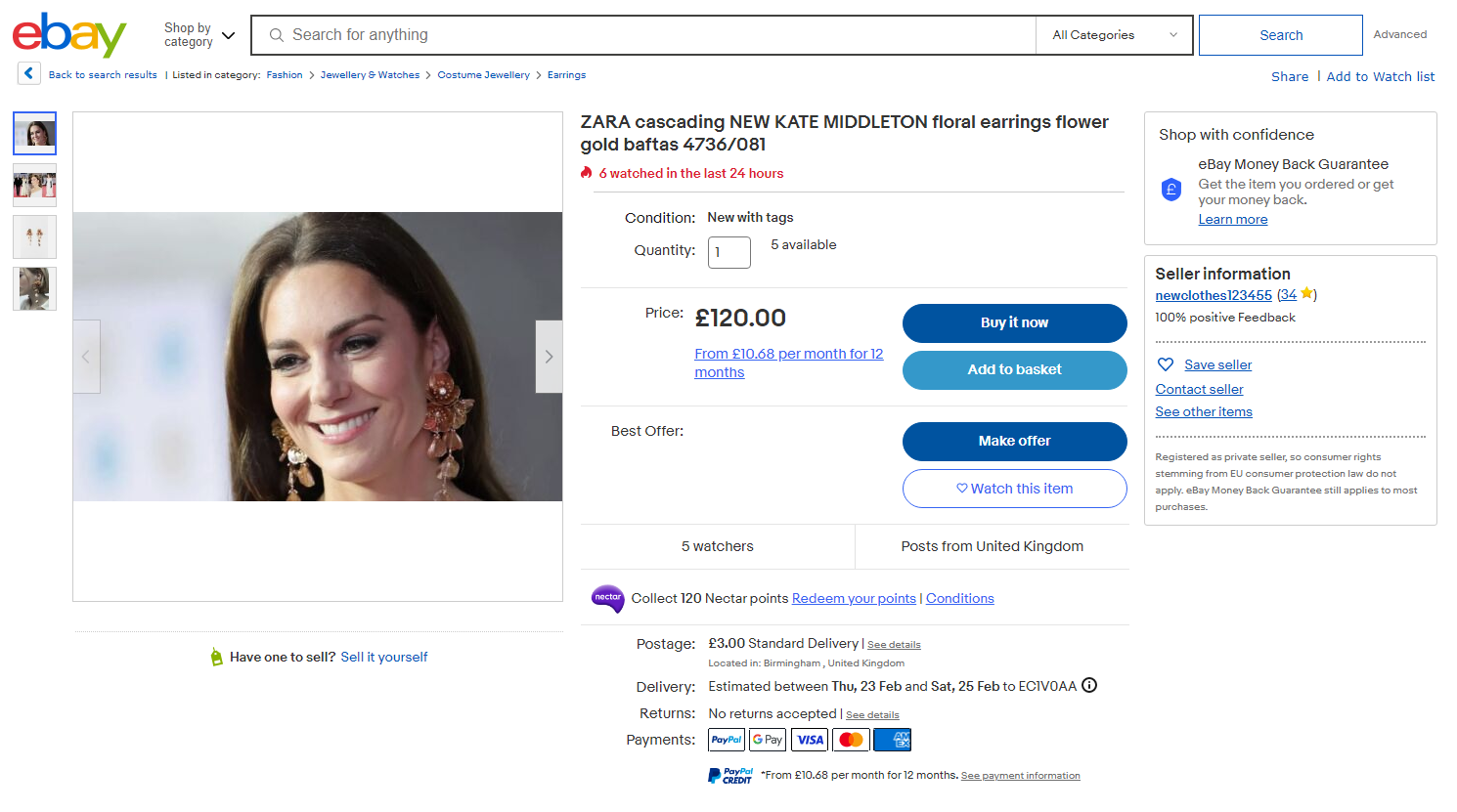 An eBay listing selling the same Zara earrings Kate Middleton wore to the 2023 Bafta Awards for £120. The earrings retail at £17.99