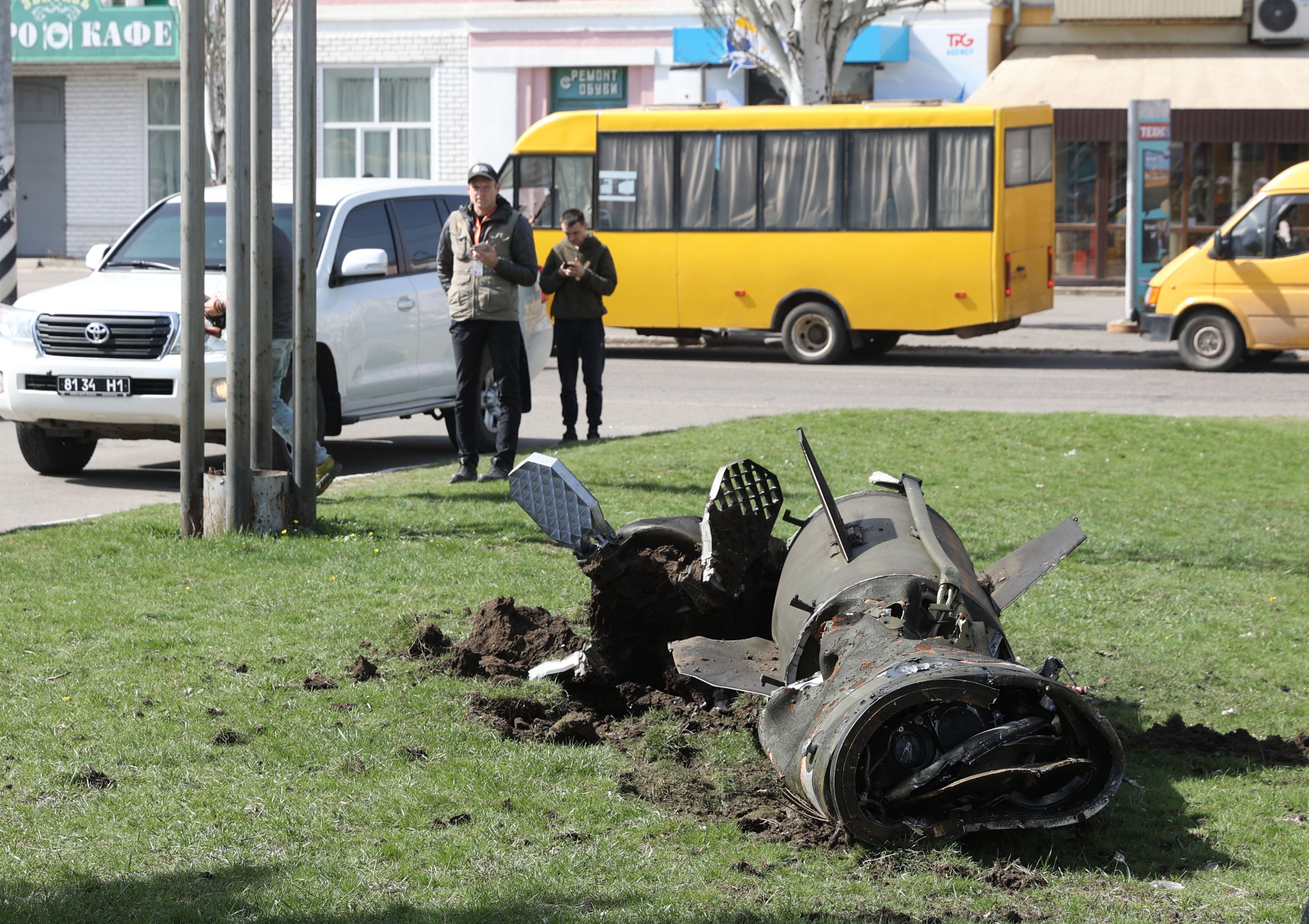 The remains of a rocket is seen on the ground in the aftermath of a rocket attack on the railway station in the eastern city of Kramatorsk in the Donbas region