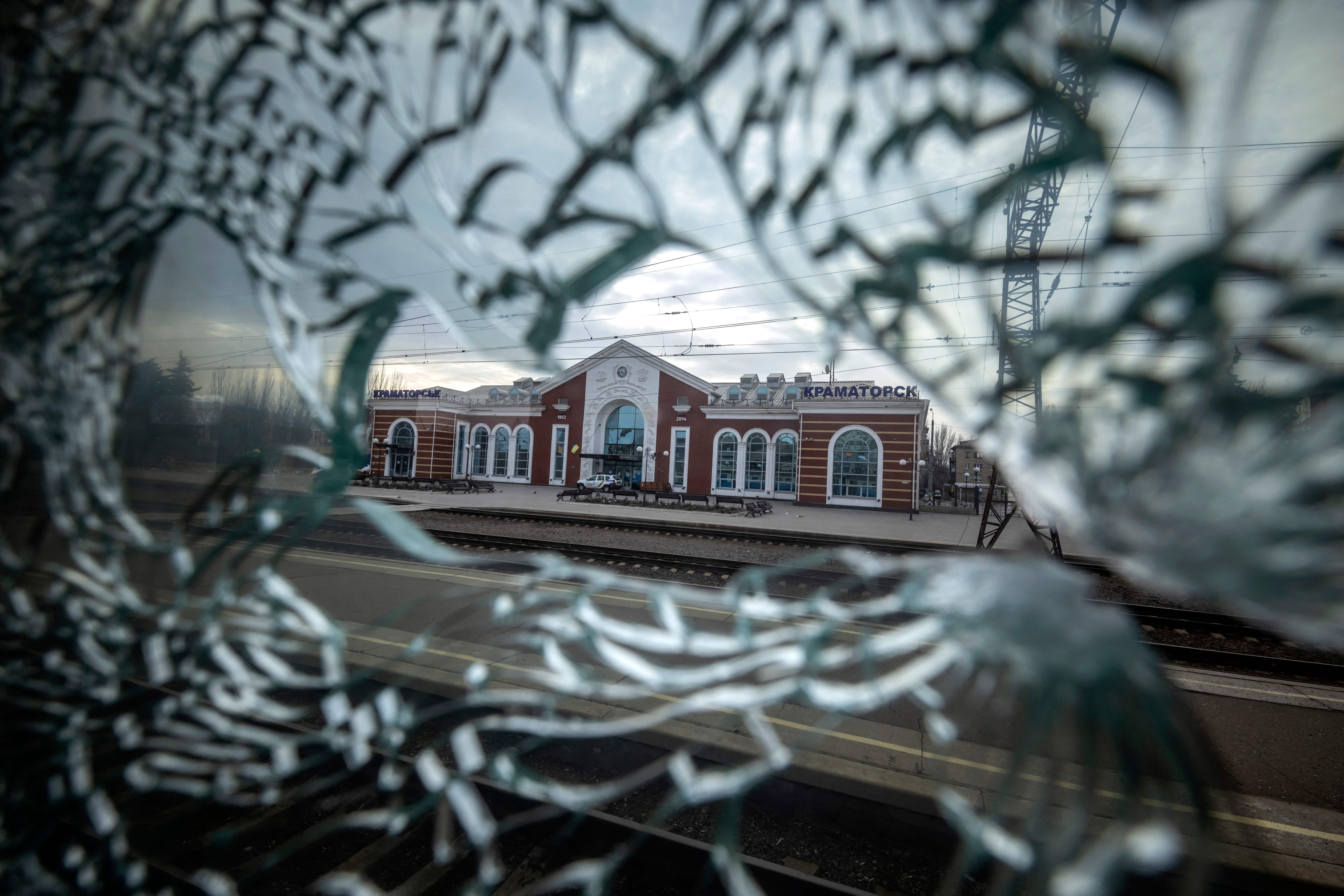 The train station, seen from a train car, after a rocket attack in Kramatorsk in the eastern Ukrainian city in one of the deadliest strikes of the war