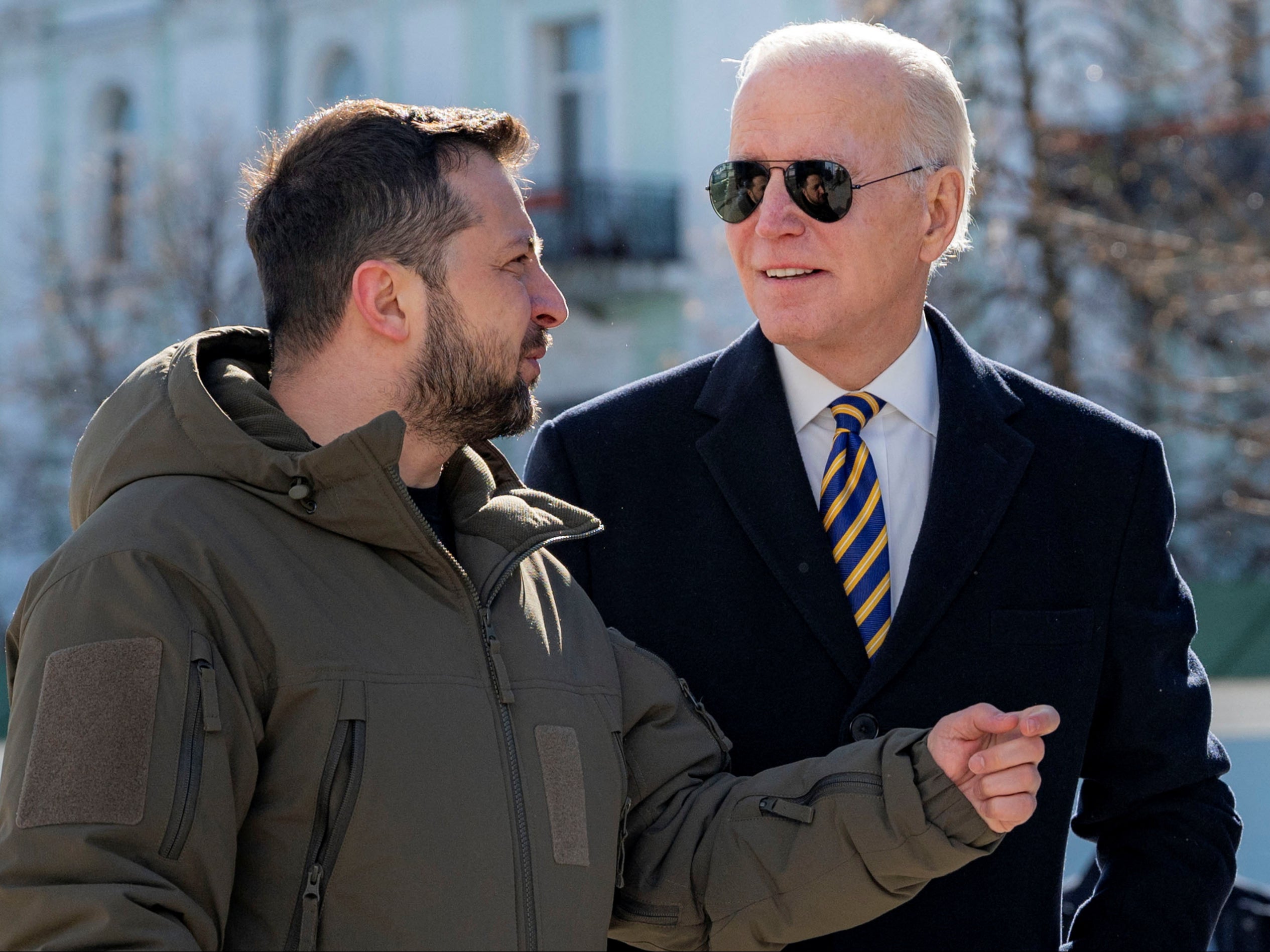 Volodymyr Zelensky with US president Joe Biden at St Michael’s monastery in Kyiv