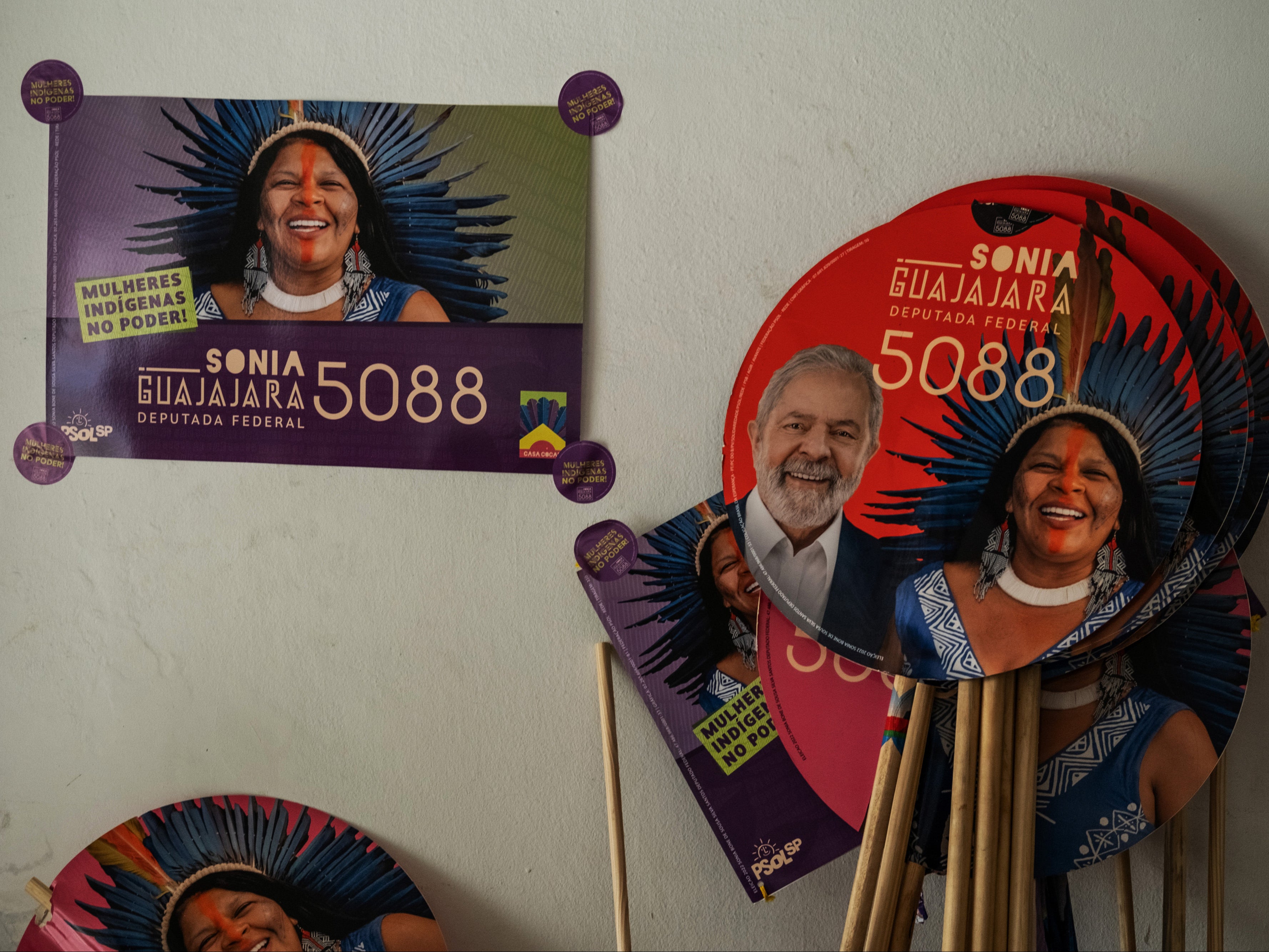 Promotional materials for Guajajara at her campaign headquarters in São Paulo last year