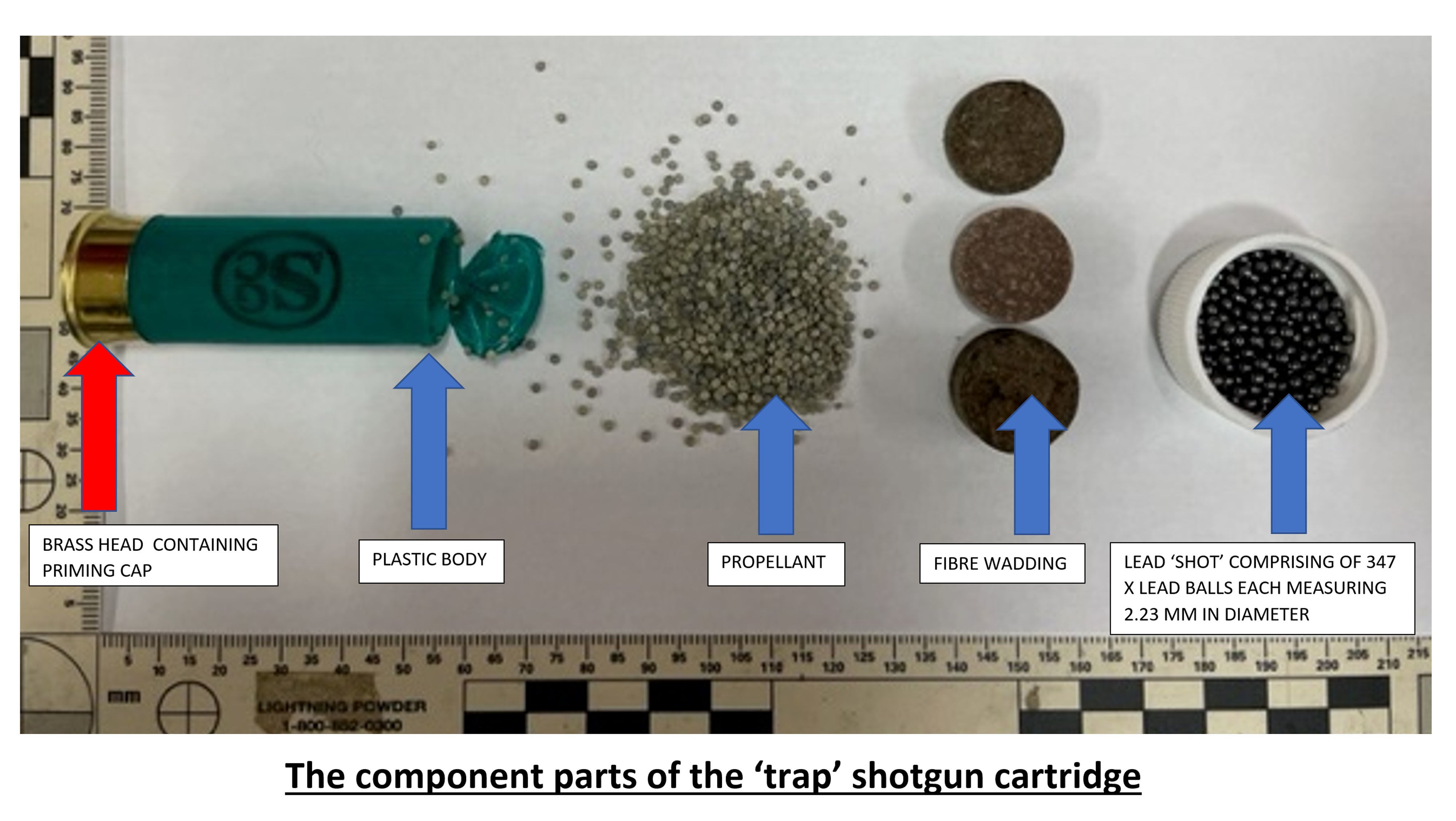 The component parts of the ‘trap’ shotgun cartridge shown in the inquest