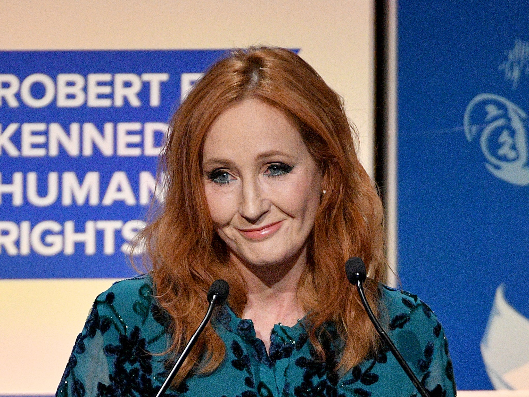 JK Rowling speaks onstage at the 2019 RFK Ripple of Hope Awards in New York