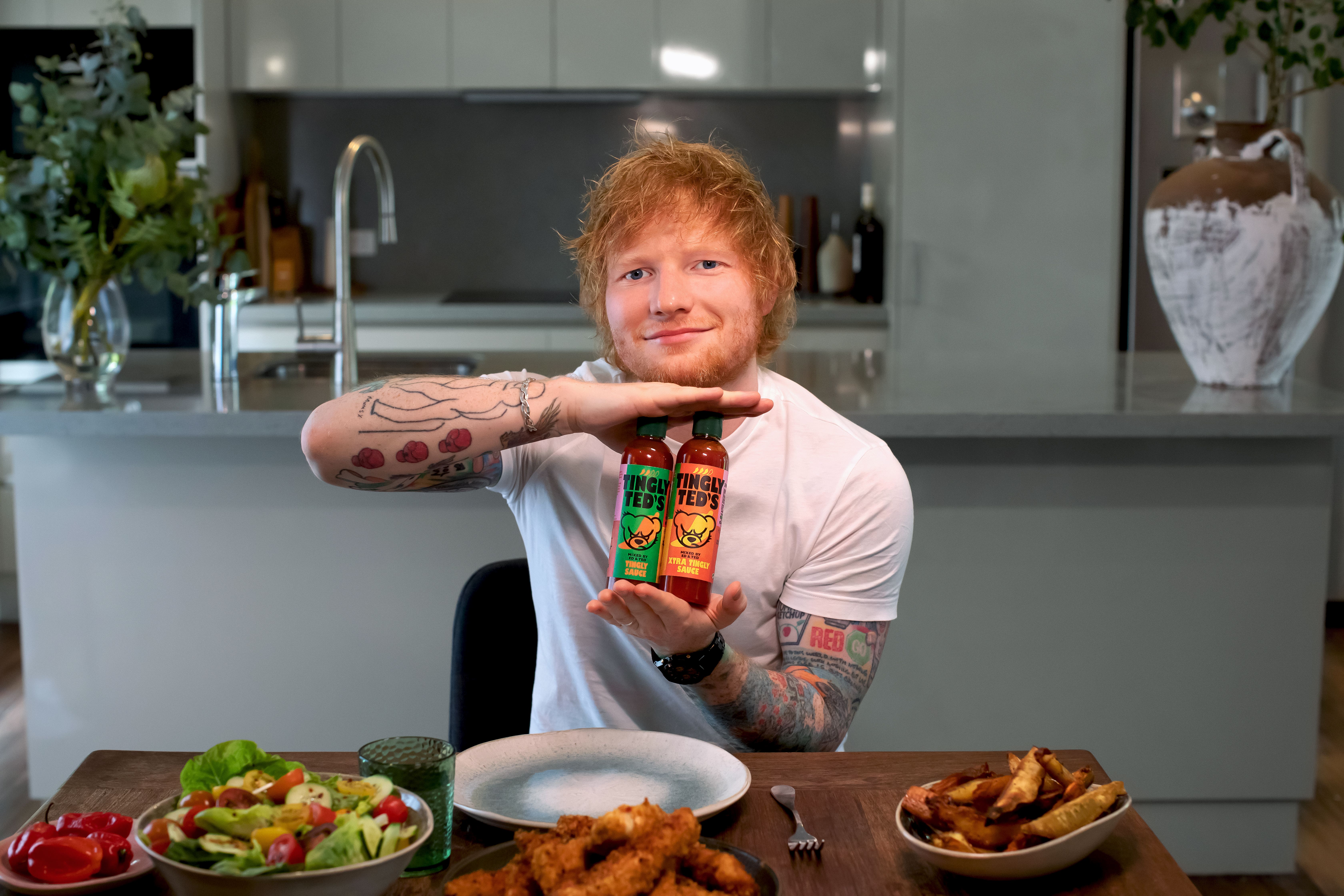 Ed Sheeran and his Tingly Ted’s sauce. (Tingly Ted’s/PA)