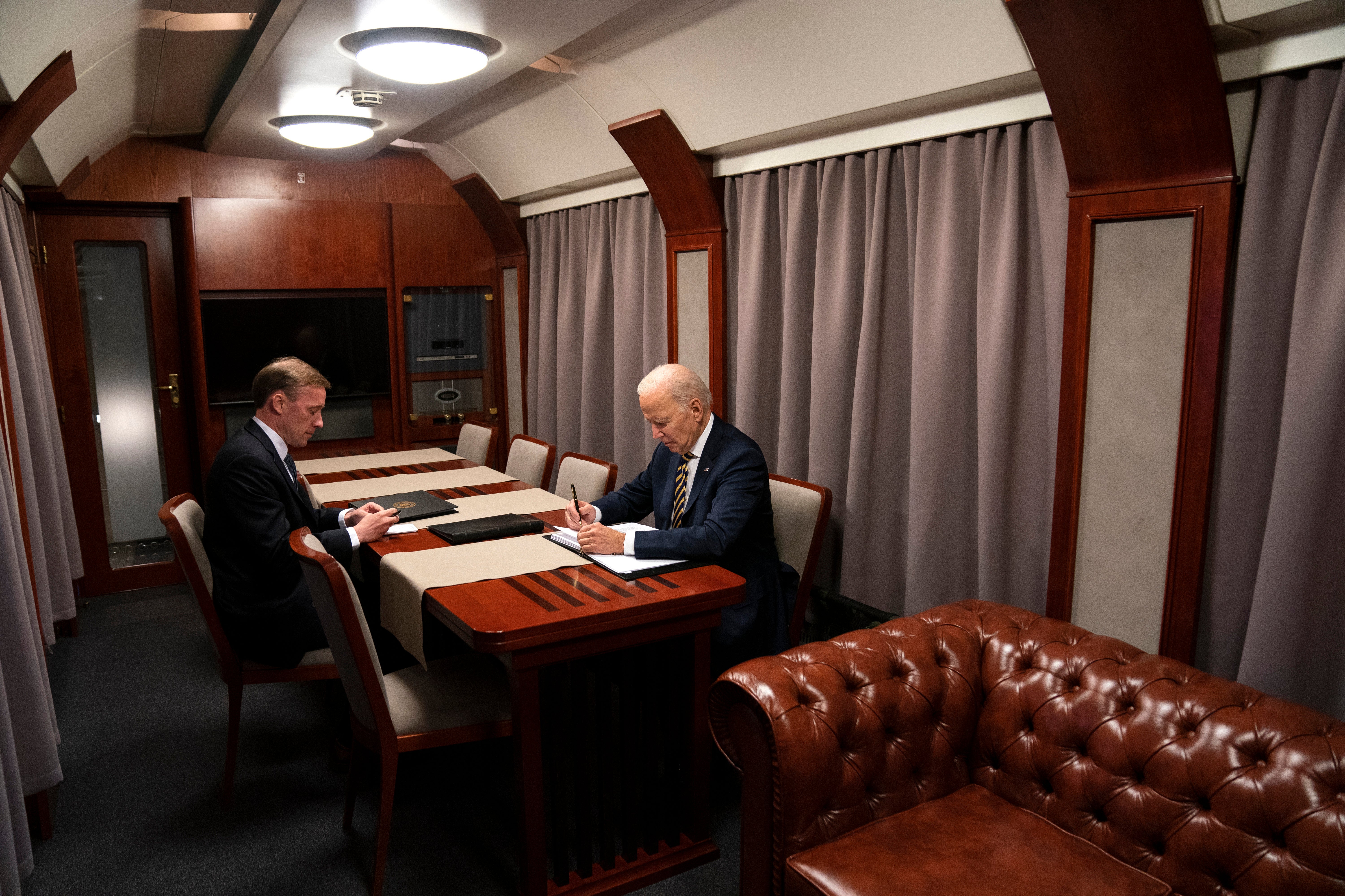 US president Joe Biden rides the train to Kyiv with national security advisor Jake Sullivan