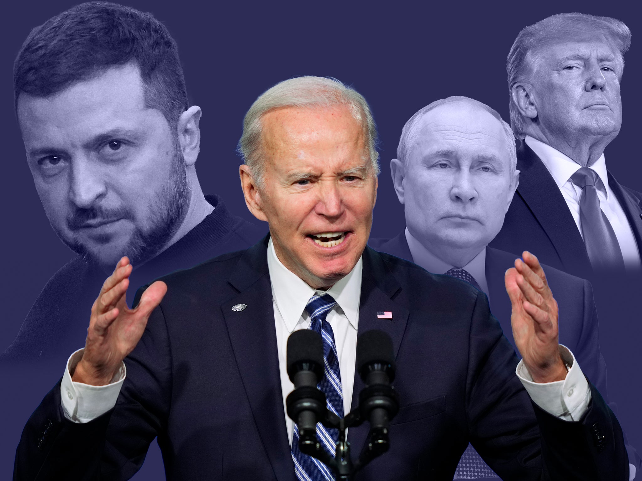 Joe Biden has supported President Zelensky, left, while dealing with the fallout from the presidency of Donald Trump, right, and Vladimir Putin’s war