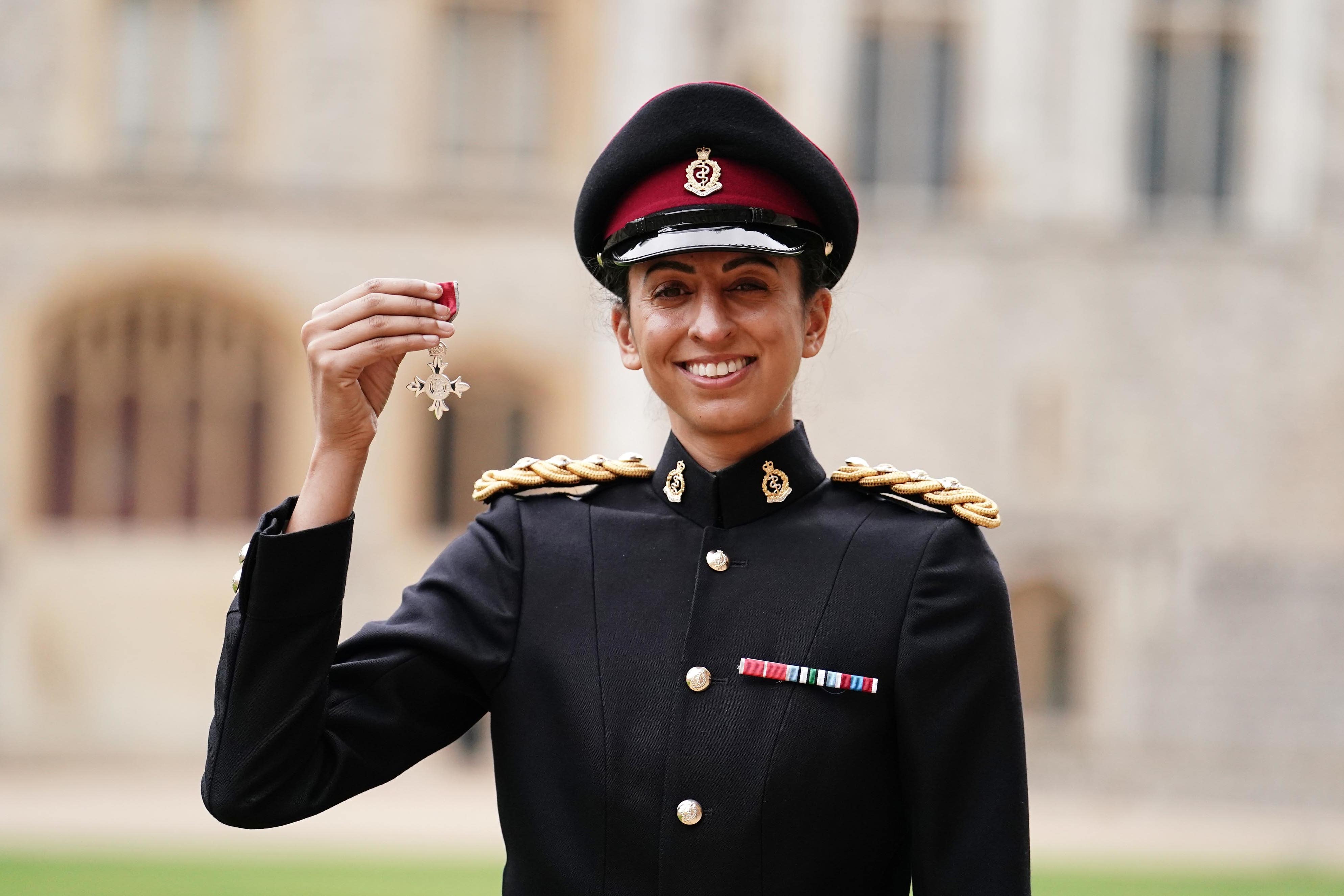 Captain Preet Chandi after being made an MBE (Member of the Order of the British Empire) during an investiture ceremony at Windsor Castle (Jordan Pettitt/PA)