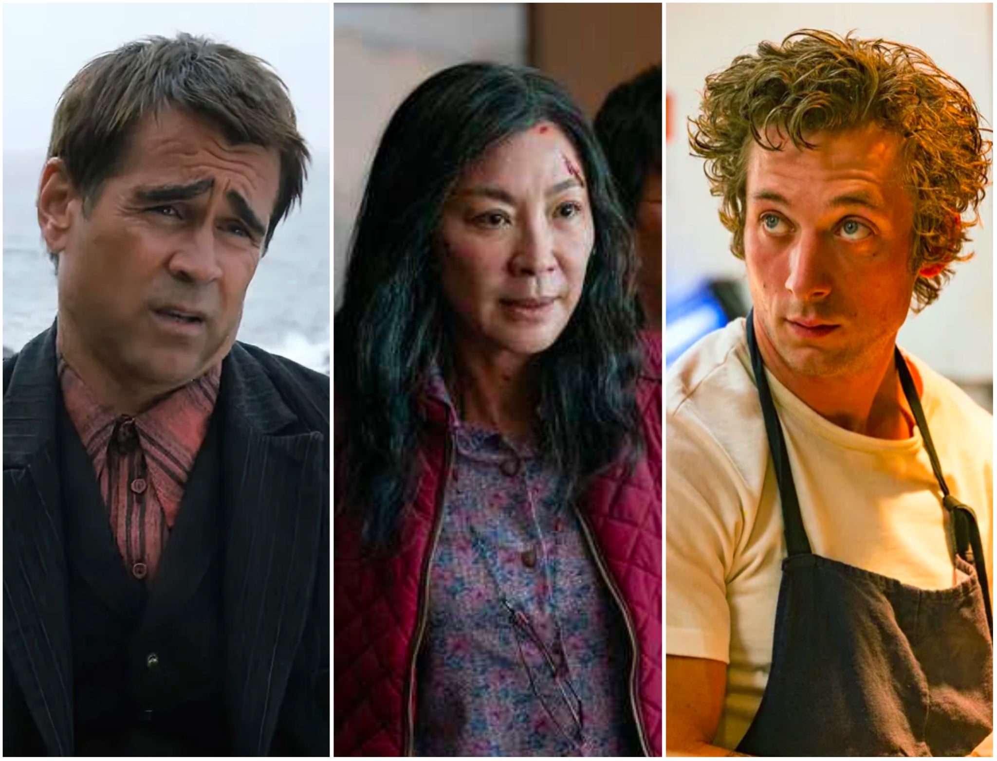 (Left to right) Colin Farrell in ‘The Banshees of Inisherin’, Michelle Yeoh in ‘Everything Everwhere All at Once’ and Jeremy Allen White in ‘The Bear’