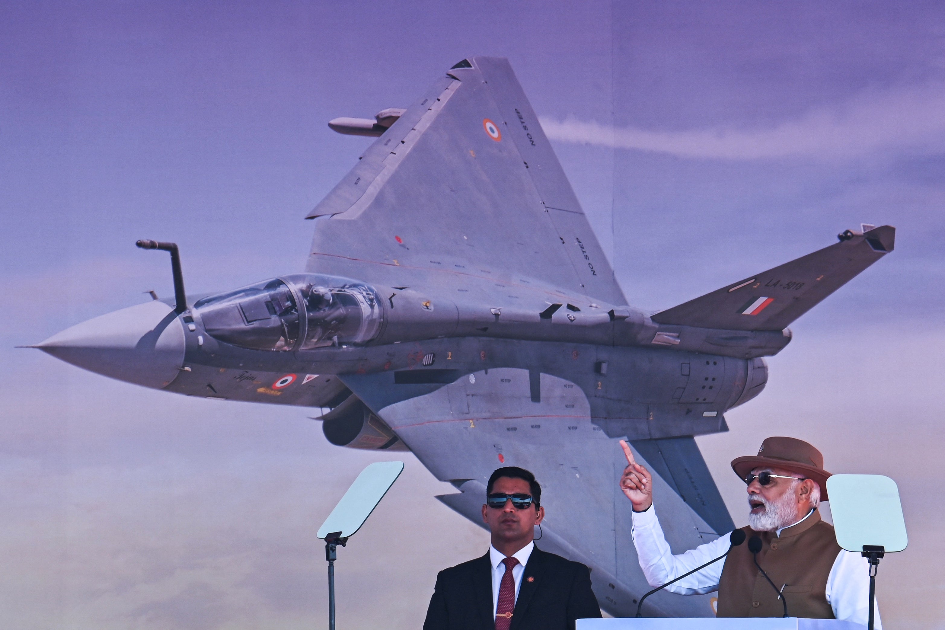 India’s prime minister Narendra Modi speaks during the inauguration of the 14th edition of ‘Aero India 2023’ at the Yelahanka air force station in Bengaluru