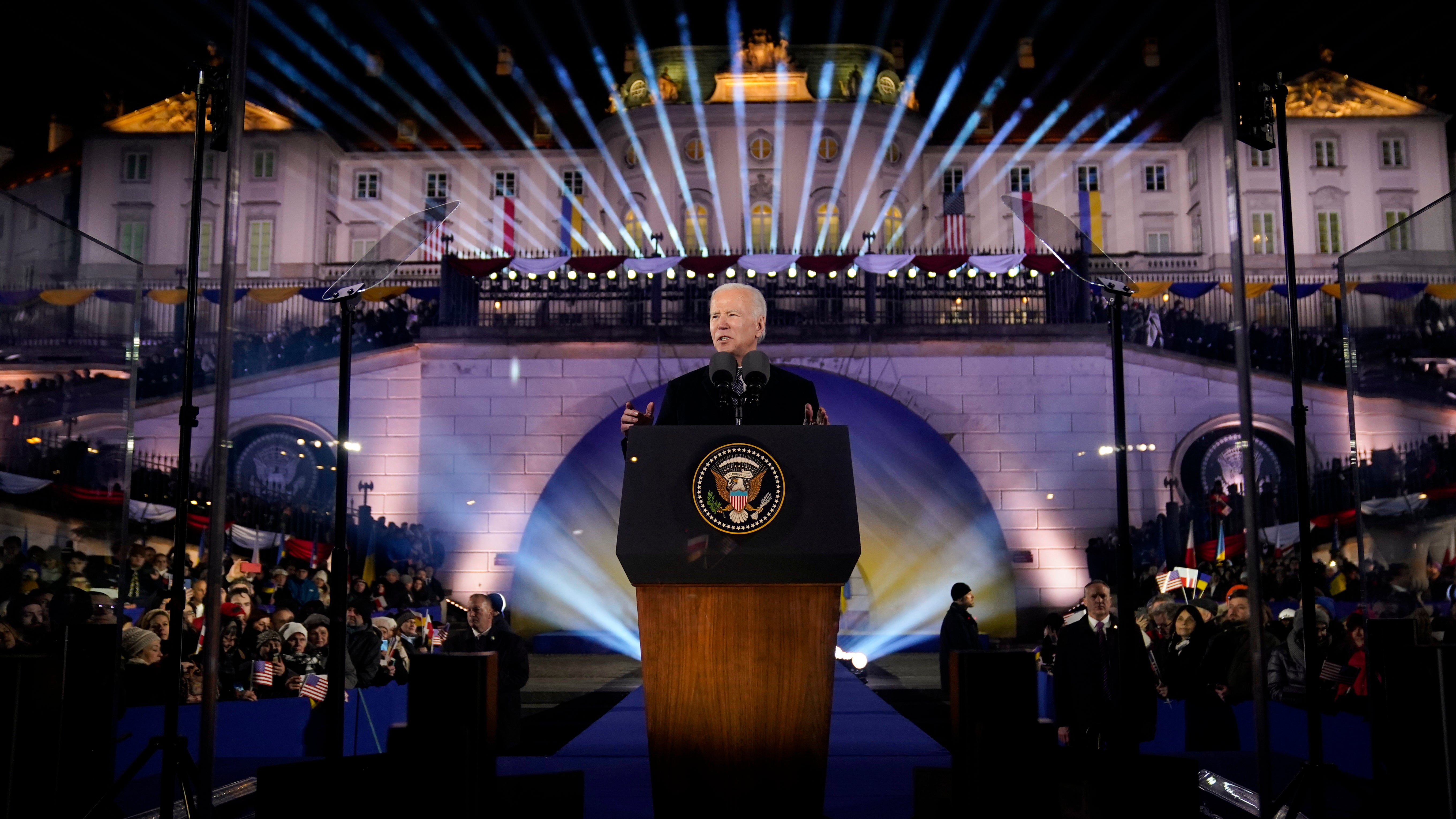 President Joe Biden delivers a speech marking the one-year anniversary of the Russian invasion of Ukraine in