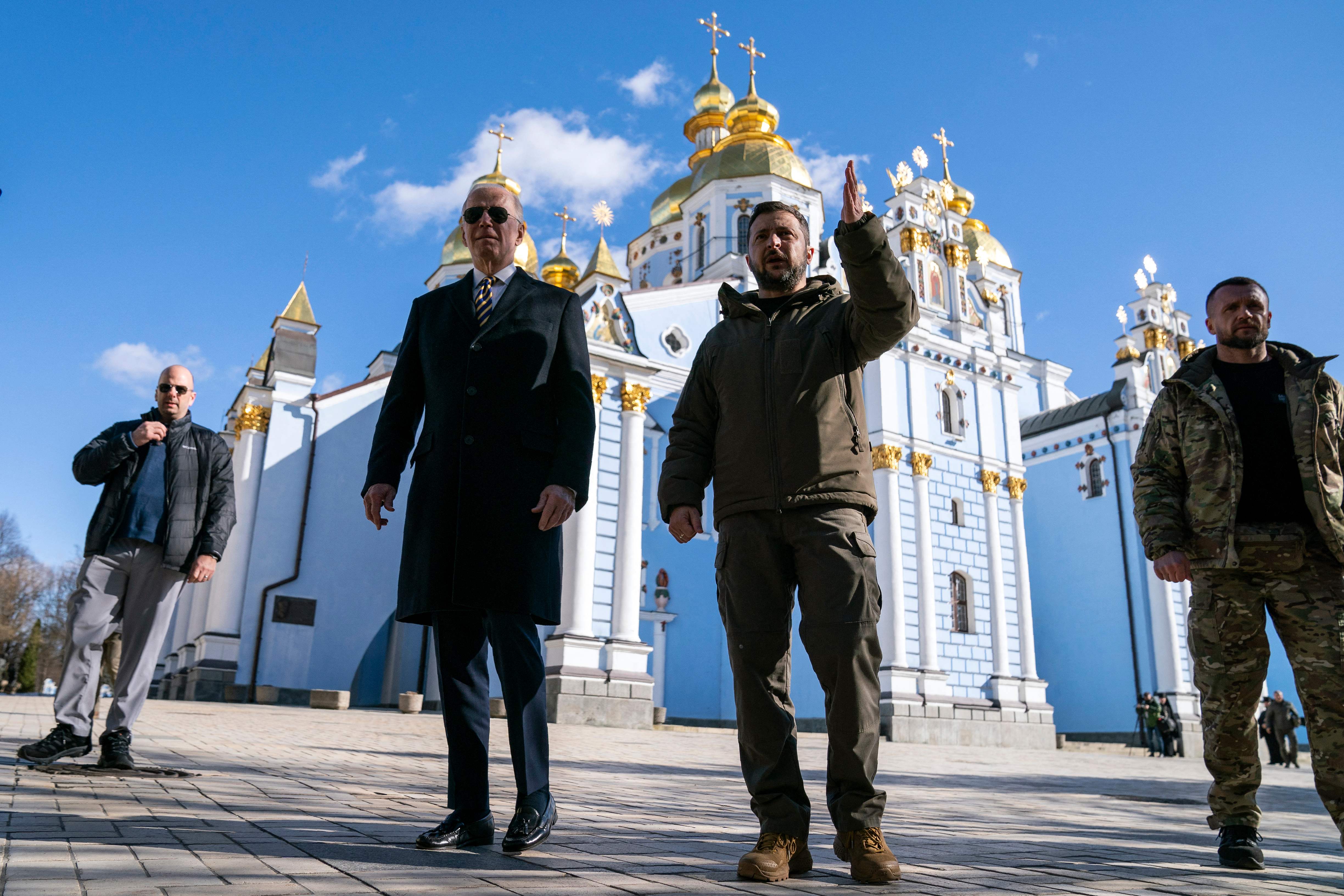 President Biden with President Zelensky at St. Michael's Golden-Domed Cathedral during an unannounced visit, in Kyiv