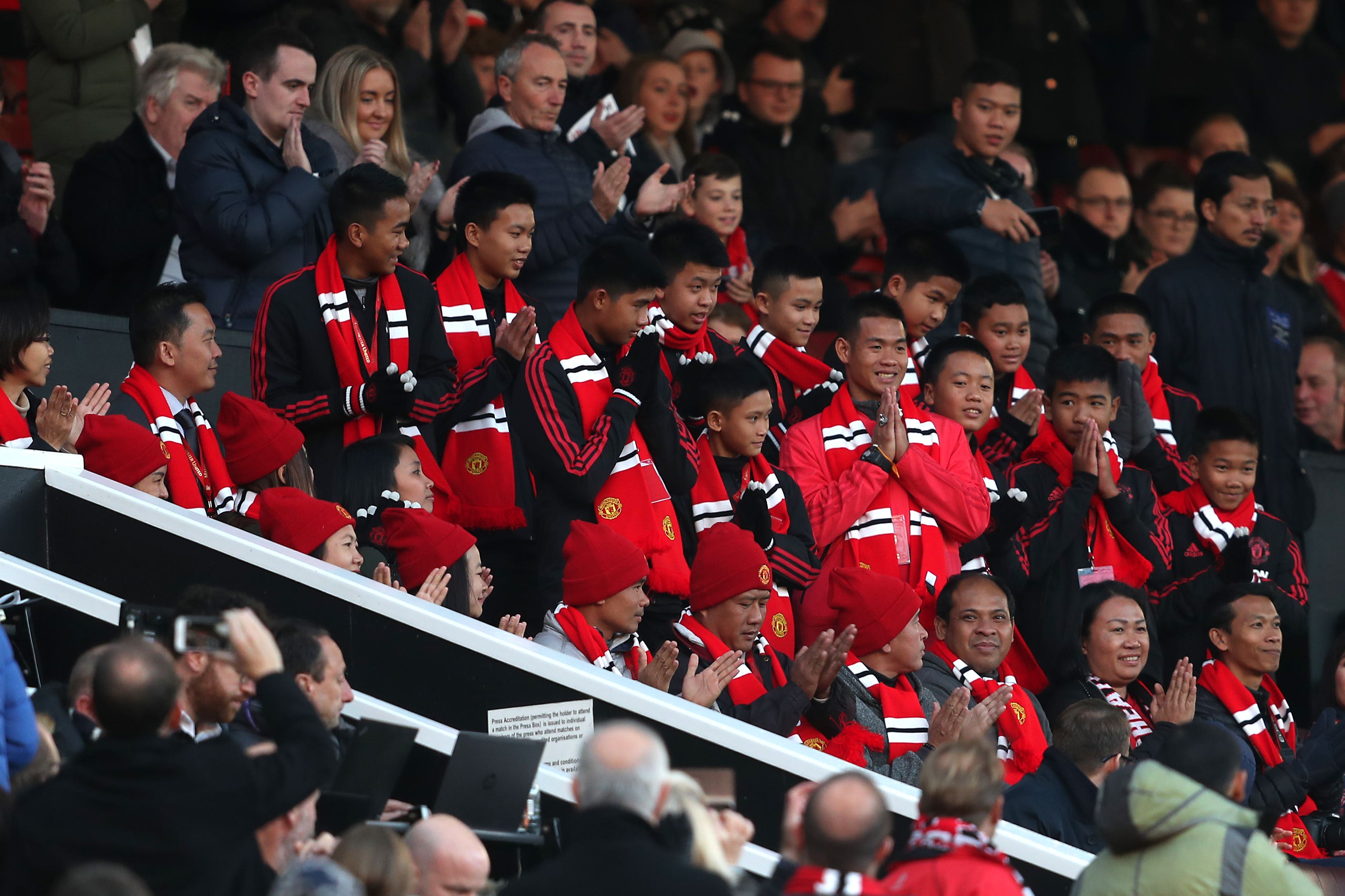 Duangphet Phromthep’s team were welcomed to Old Trafford for a Premier League match after they were rescued (David Davies/EMPICS Sport/PA)