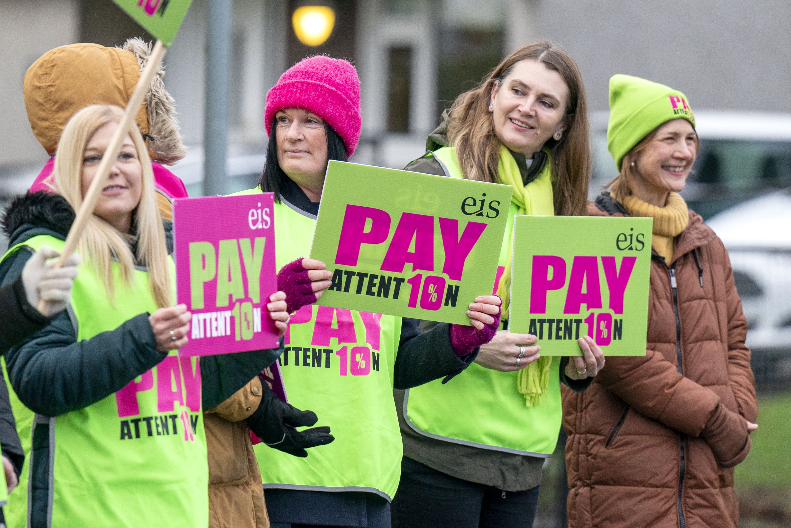 Teachers on the picket line outside Pitreavie Primary School in Dunfermline (Jane Barlow/PA)