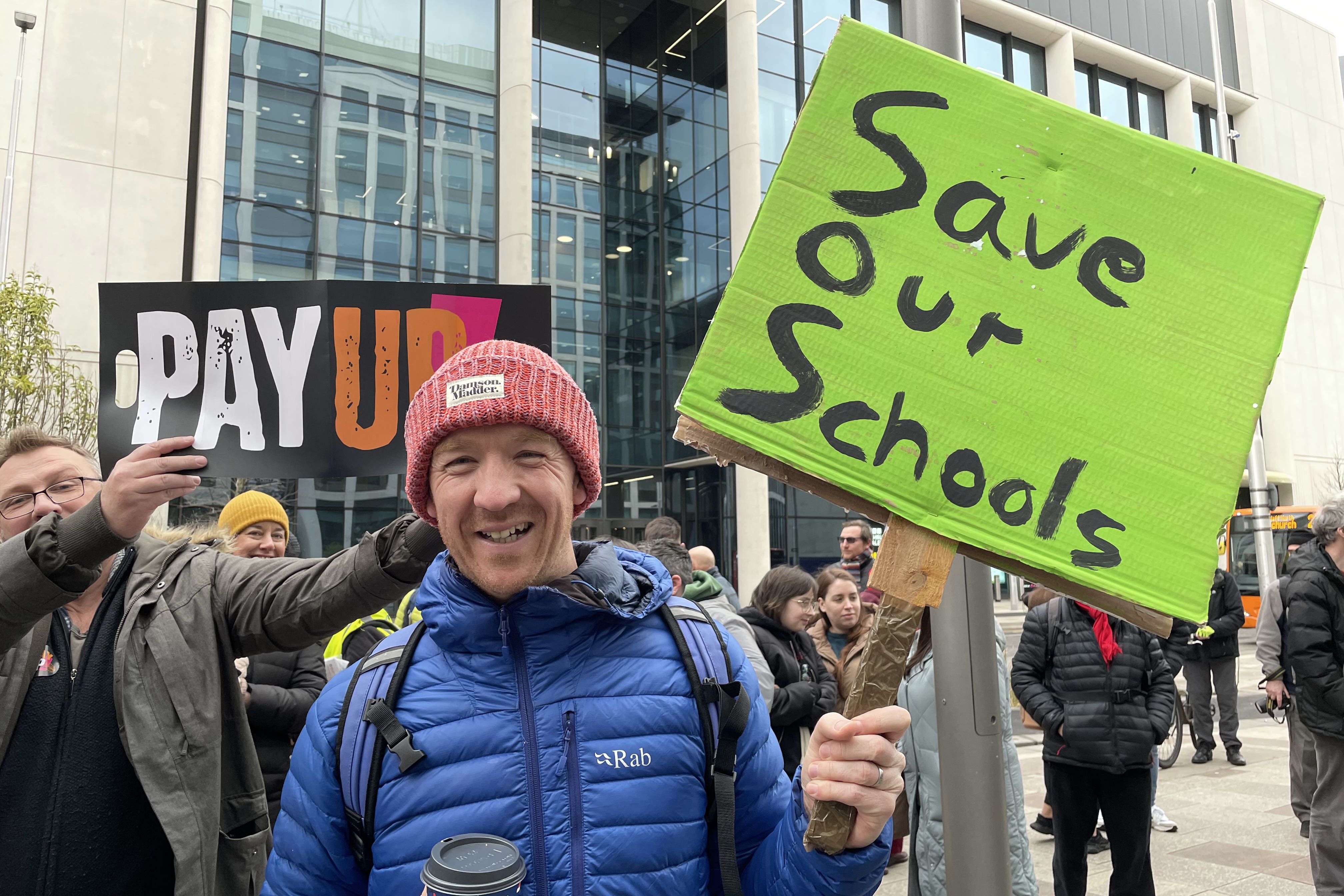 Lewis Miles, 38, a teacher at Peter Lea Primary in Fairwater, Cardiff, at a rally in central Cardiff (Bronwen Weatherby/PA)