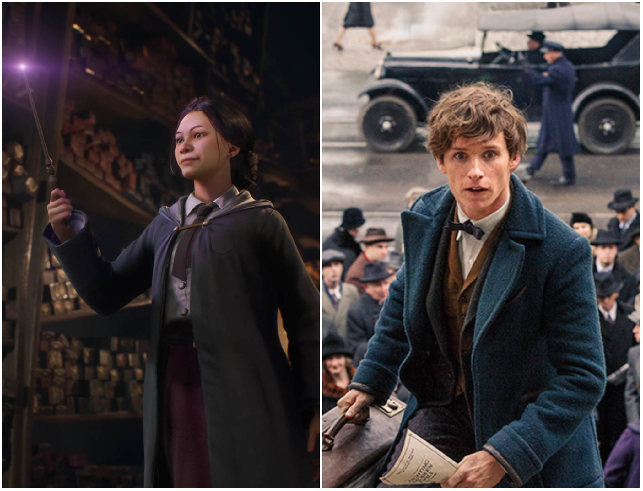 Hogwarts Legacy screenshot (left) and Eddie Redmayne in ‘Fantastic Beasts’