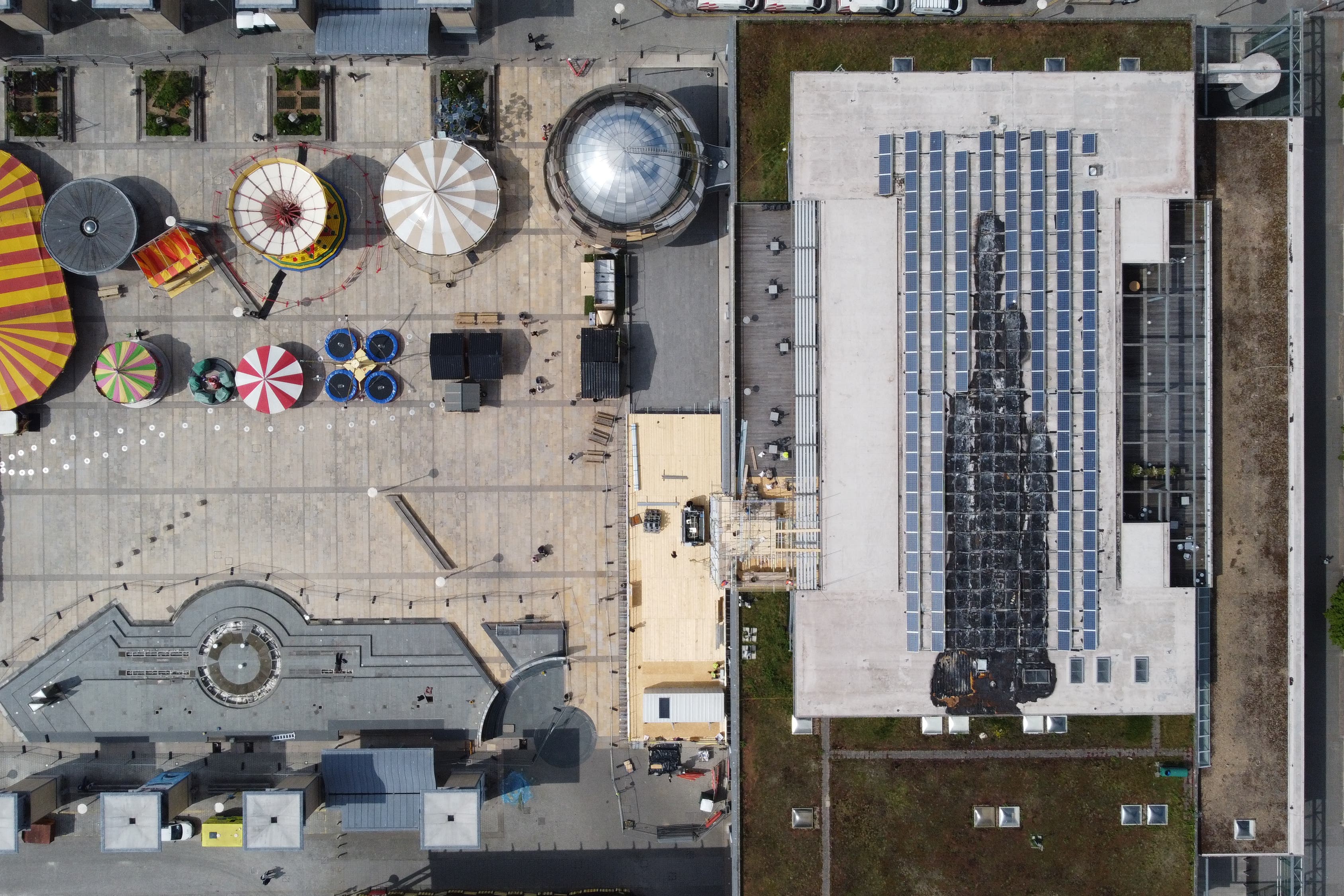 Aerial drone shot of fire damage to We The Curious (PA)