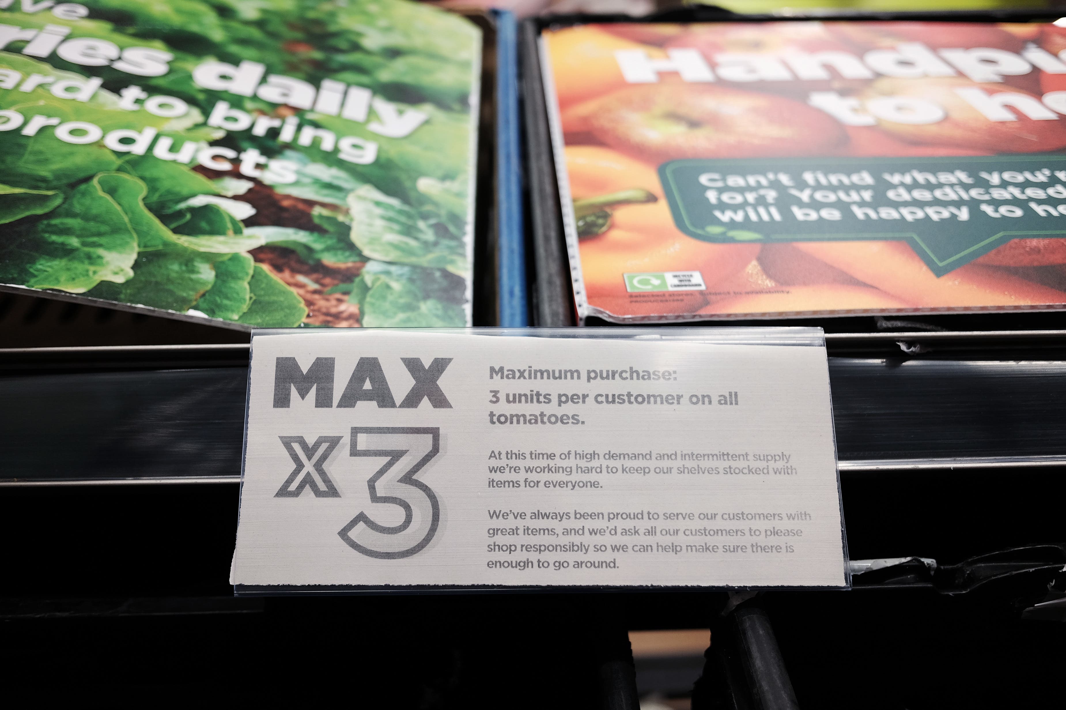 Empty fruit and vegetable shelves at an Asda in east London with a Max 3 units sign. A shortage of tomatoes affecting UK supermarkets is widening to other fruit and vegetables and is likely to last weeks, retailers have warned. A combination of bad weather and transport problems in Africa and Europe has seen UK supermarket shelves left bare of tomatoes, as well as dwindling stocks of some other fresh produce. Picture date: Tuesday February 21, 2023.